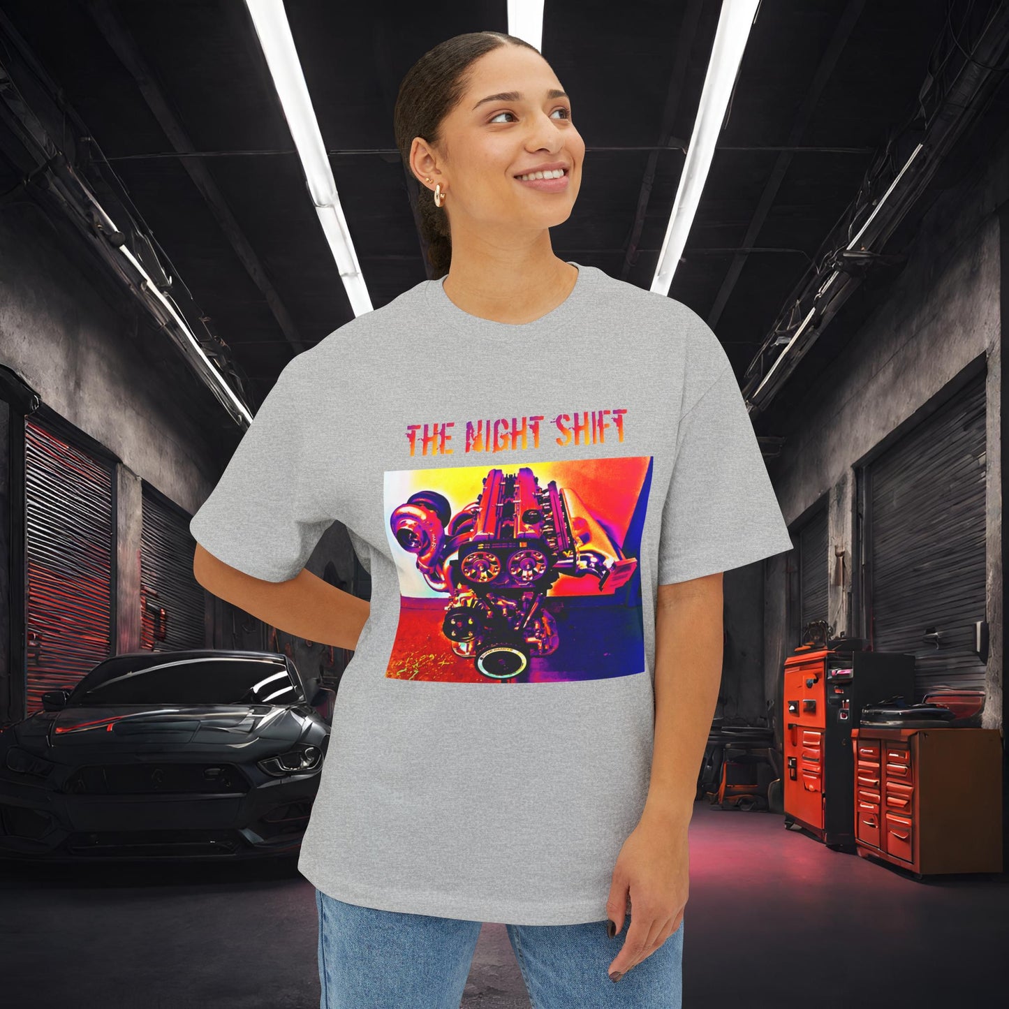 2JZ-GTE Single Turbo Synthwave-Premium, Ultra Soft Unisex Oversized Boxy Tee Printify by The Night Shift Automotive Apparel