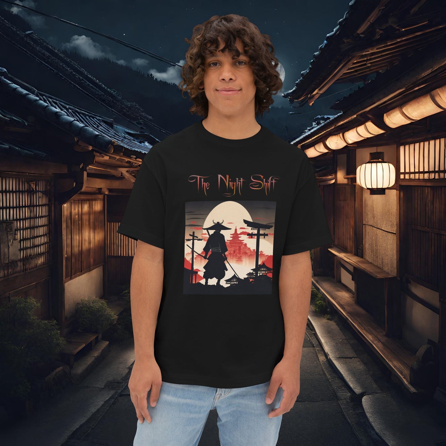 Samurai Full Moon Silhouette-Premium, Ultra Soft Unisex Oversized Boxy Tee Black Printify by The Night Shift Automotive Apparel