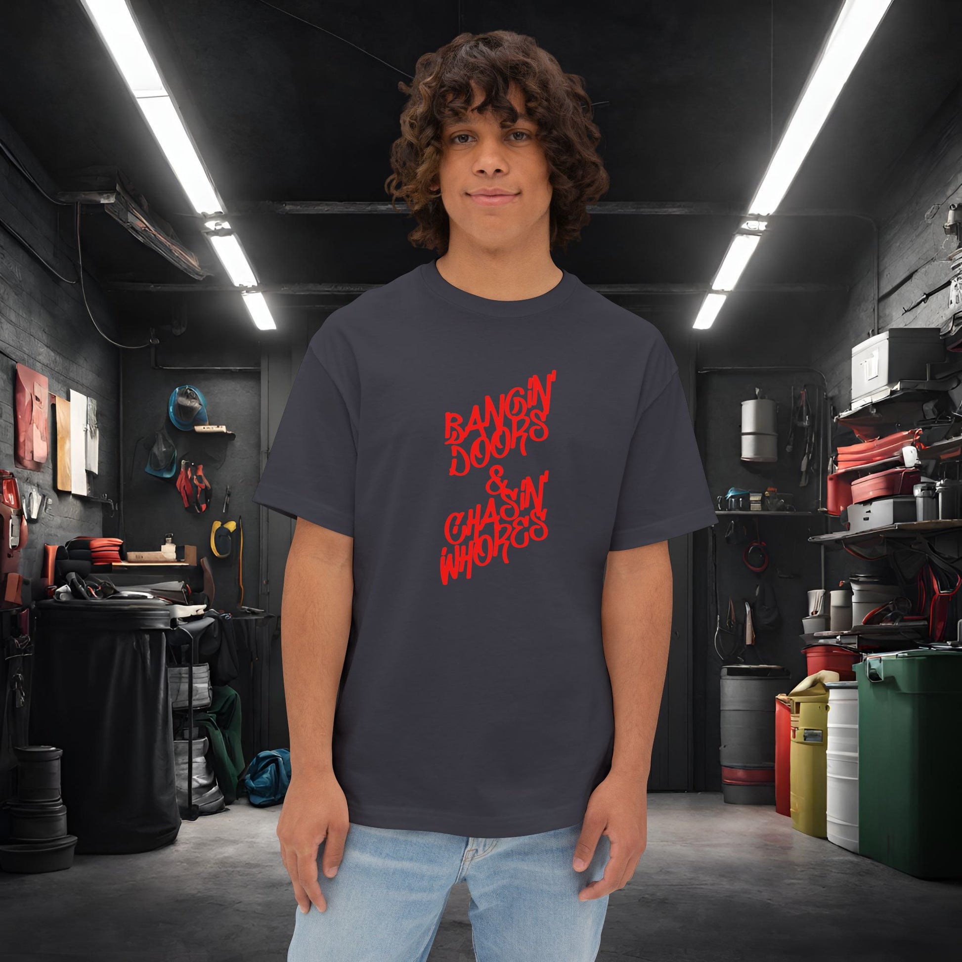 Bangin' Doors & Chasin' Whores-Premium, Ultra Soft Unisex Oversized Boxy Tee Dark Grey Printify by The Night Shift Automotive Apparel