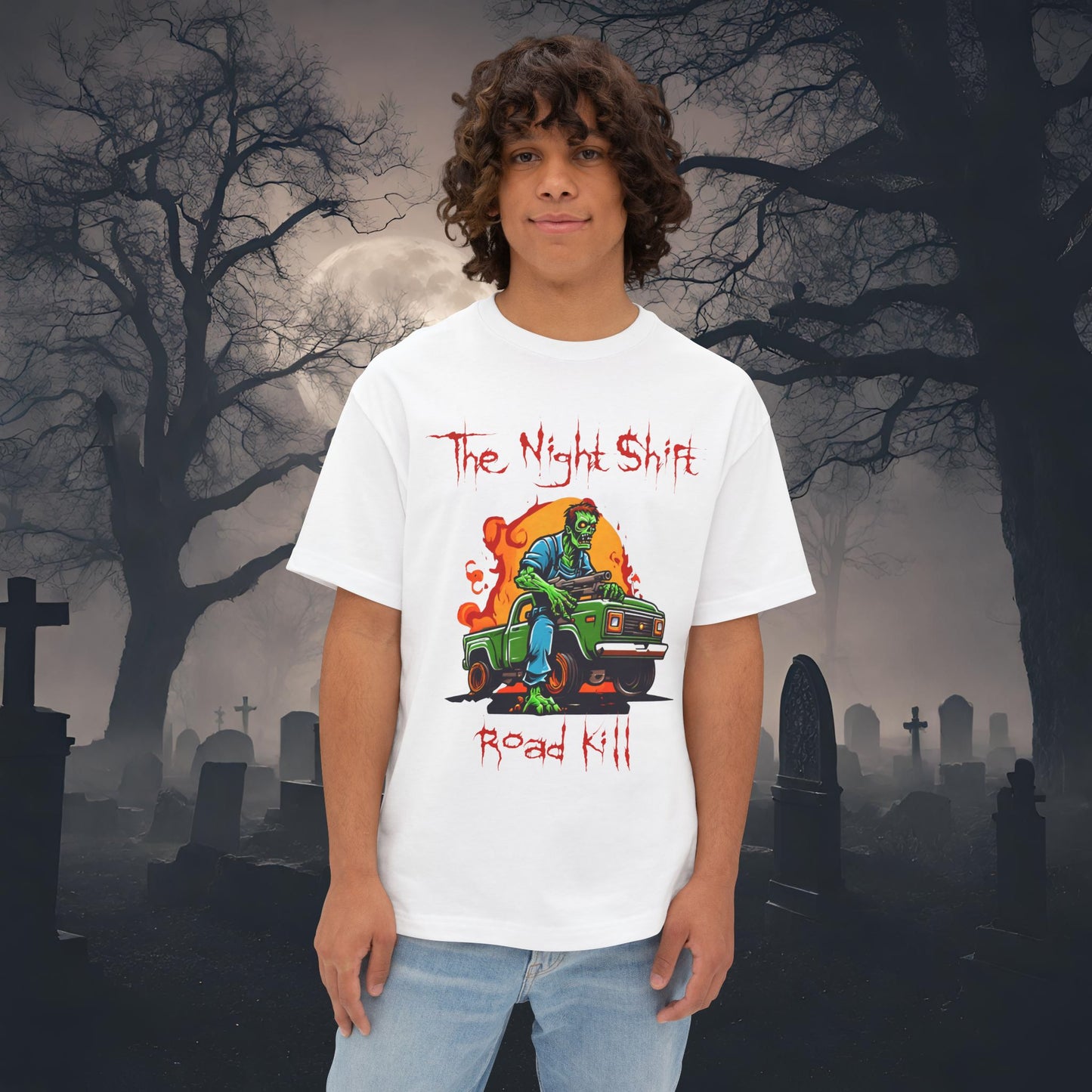 Zombie Road Kill-Premium, Ultra Soft Unisex Oversized Boxy Tee White Printify by The Night Shift Automotive Apparel