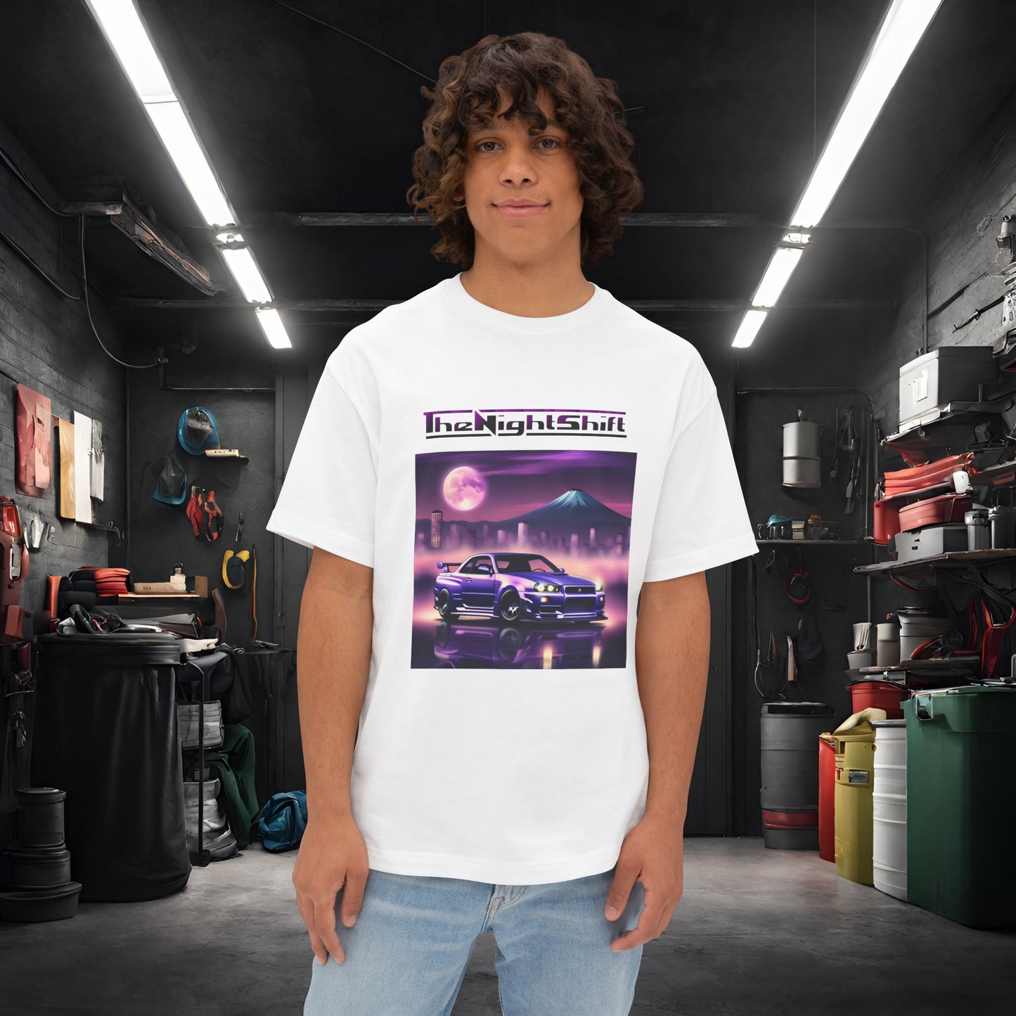 Nissan Skyline R34 Mt Fuji-Premium, Ultra Soft, Unisex Oversized Boxy Tee White Printify by The Night Shift Automotive Apparel