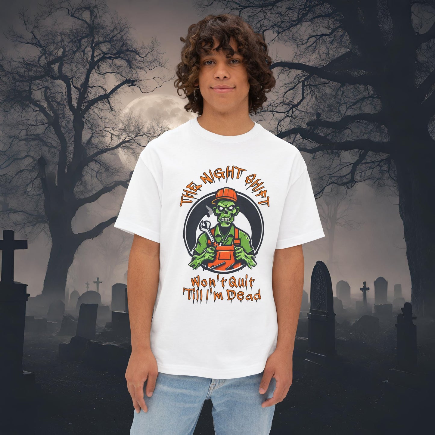 Zombie Mechanic-Premium, Ultra Soft Unisex Oversized Boxy Tee White Printify by The Night Shift Automotive Apparel