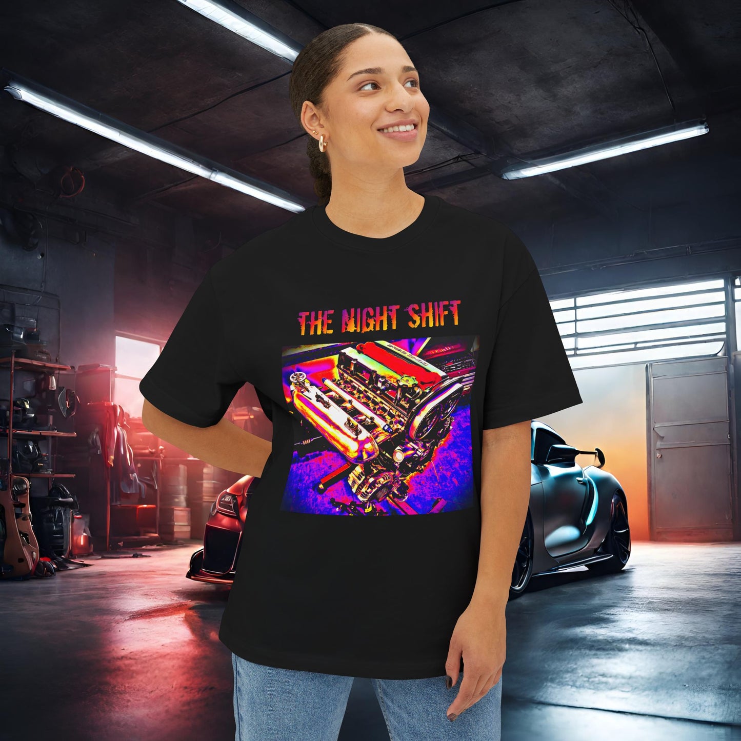 4G63 Synthwave-Premium, Ultra Soft Unisex Oversized Boxy Tee Printify by The Night Shift Automotive Apparel
