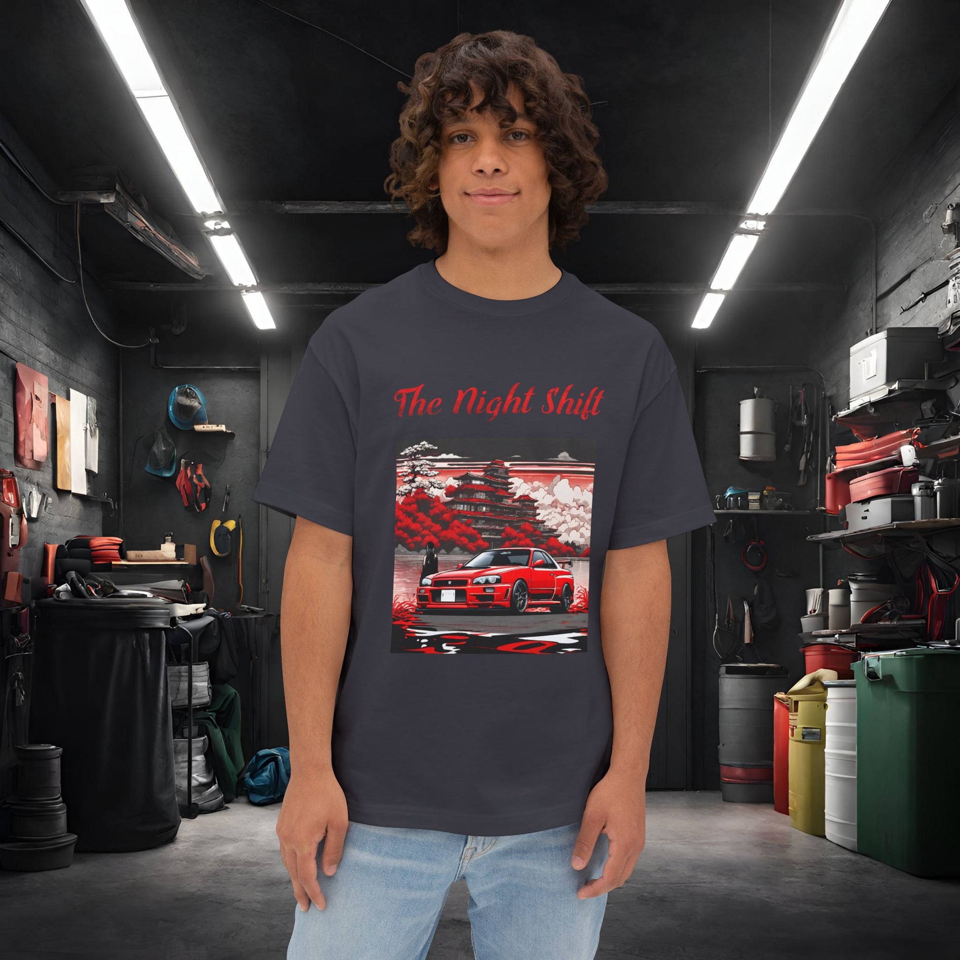 Nissan Skyline R34 Cherry Blossom-Premium, Ultra Soft, Unisex Oversized Boxy Tee Dark Grey Printify by The Night Shift Automotive Apparel