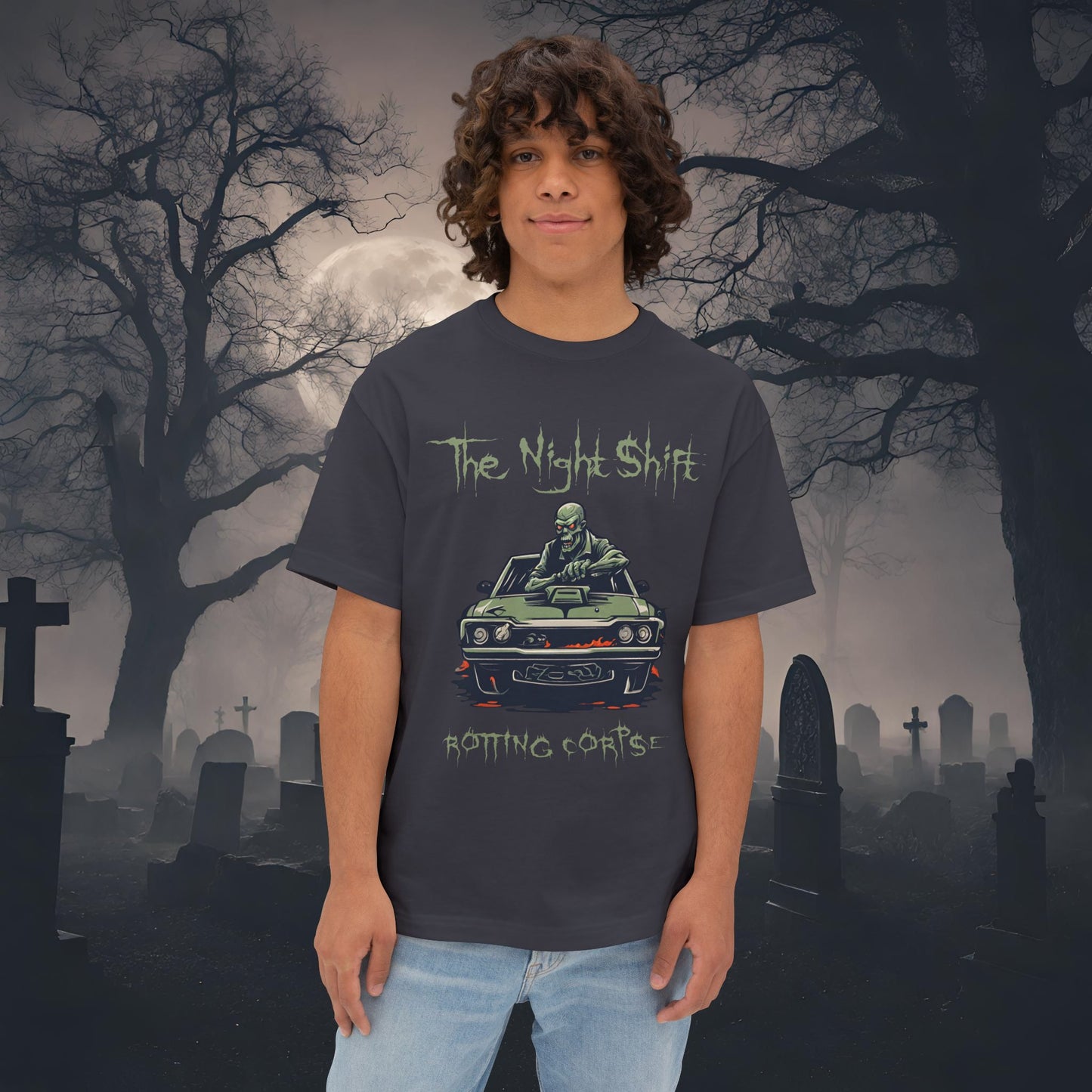 Rotting Corpse Zombie-Premium, Ultra Soft Unisex Oversized Boxy Tee Dark Grey Printify by The Night Shift Automotive Apparel