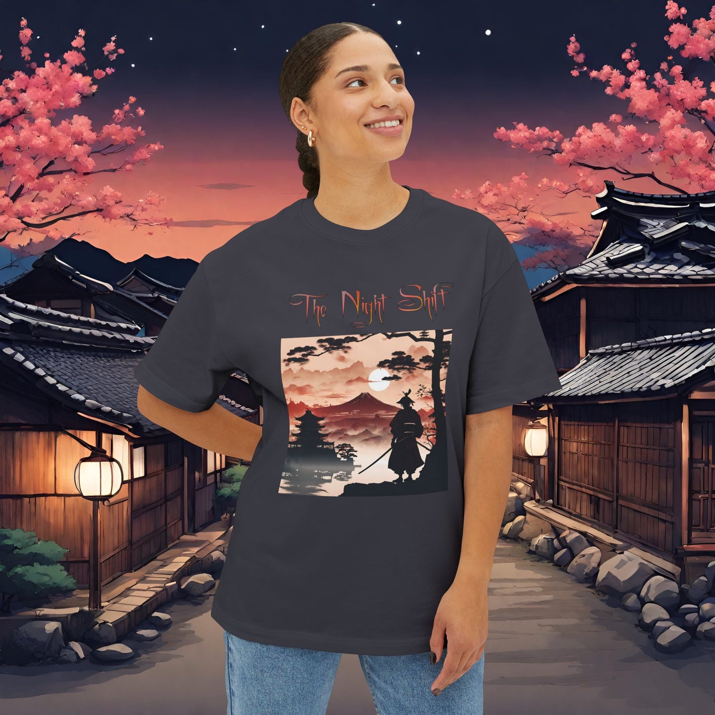 Samurai Volcano Silhouette-Premium, Ultra Soft Unisex Oversized Boxy Tee Printify by The Night Shift Automotive Apparel