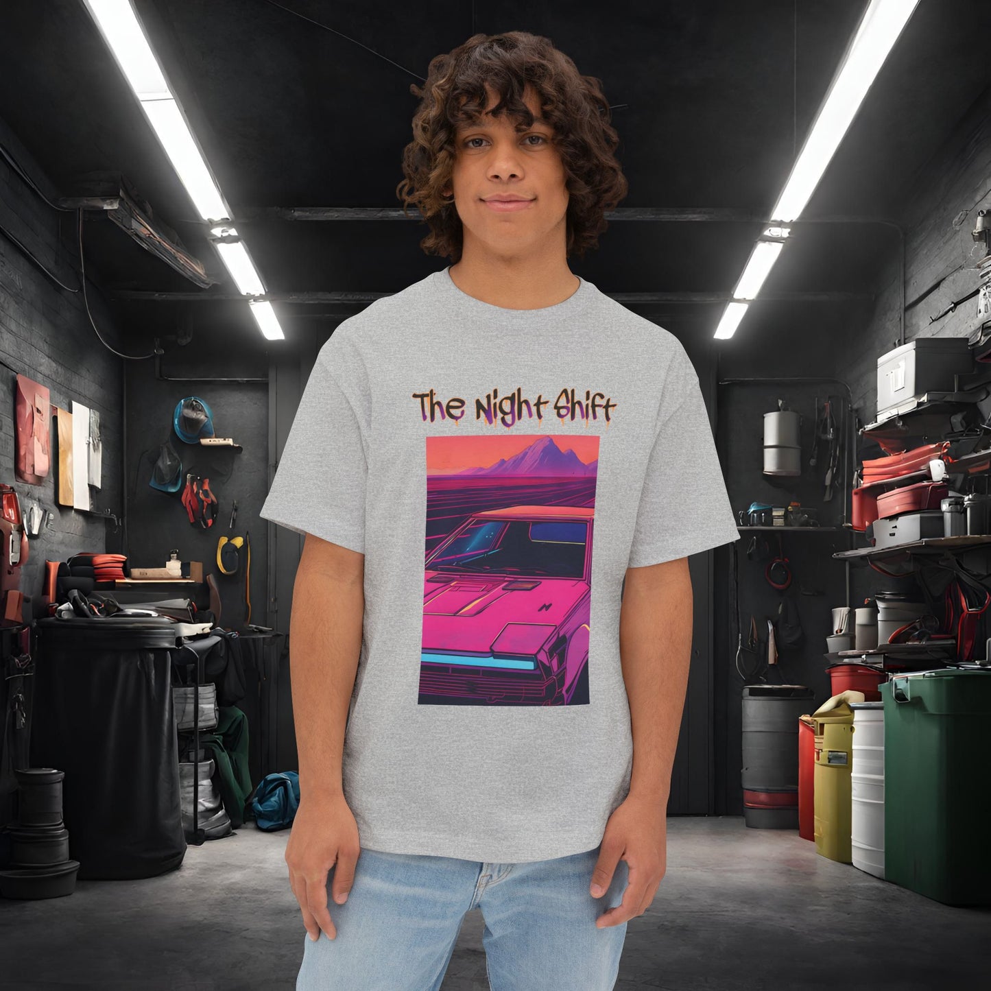 Nostalgic Synthwave-Premium, Ultra Soft Unisex Oversized Boxy Tee Athletic Heather Printify by The Night Shift Automotive Apparel