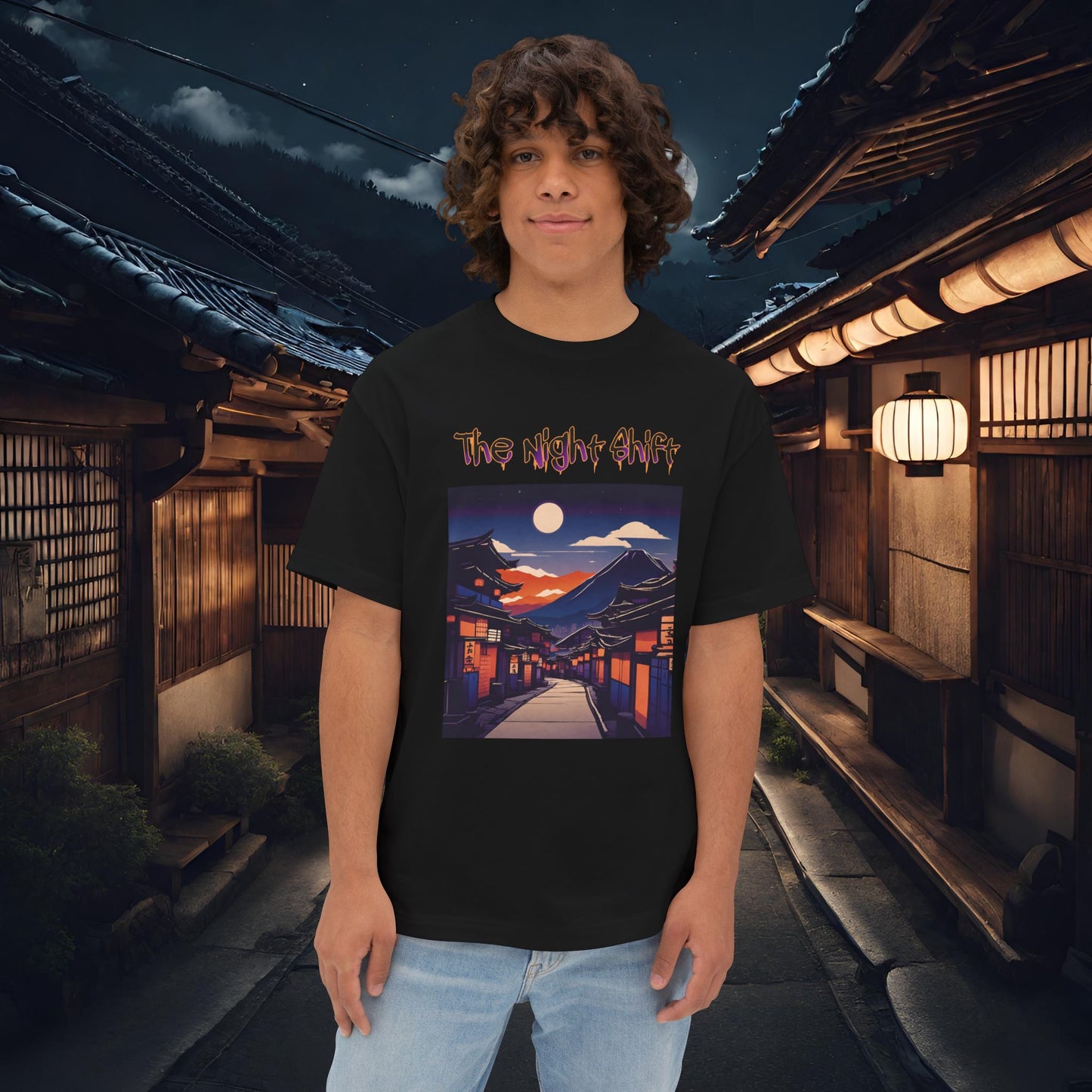 Volcanic Japanese Traditional Village-Premium, Ultra Soft Unisex Oversized Boxy Tee Black Printify by The Night Shift Automotive Apparel