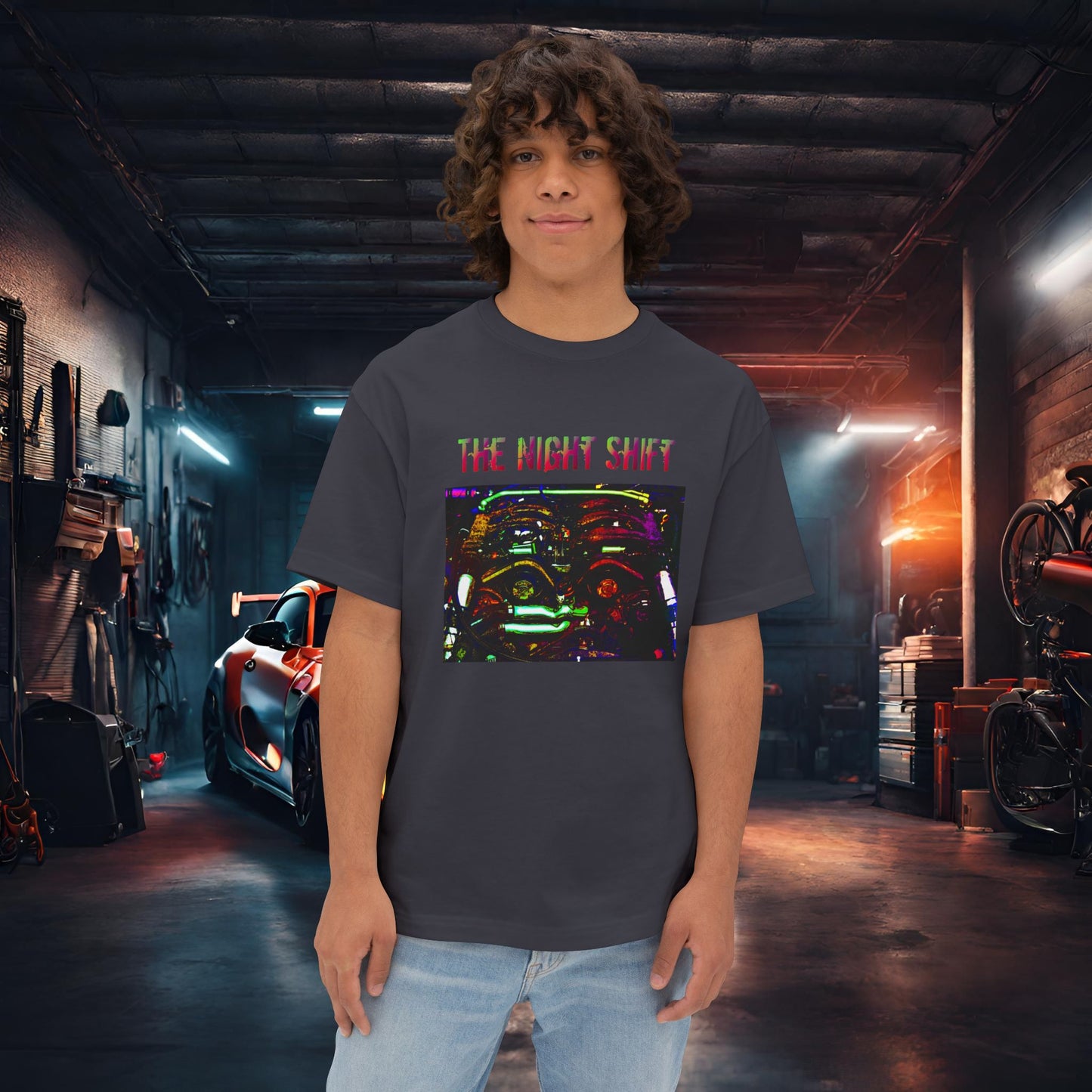 VG30DETT Synthwave-Premium, Ultra Soft Unisex Oversized Boxy Tee Dark Grey Printify by The Night Shift Automotive Apparel