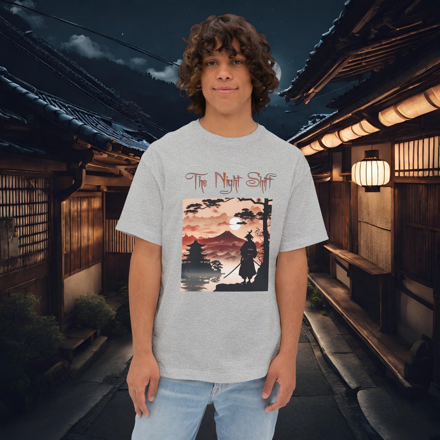 Samurai Volcano Silhouette-Premium, Ultra Soft Unisex Oversized Boxy Tee Athletic Heather Printify by The Night Shift Automotive Apparel