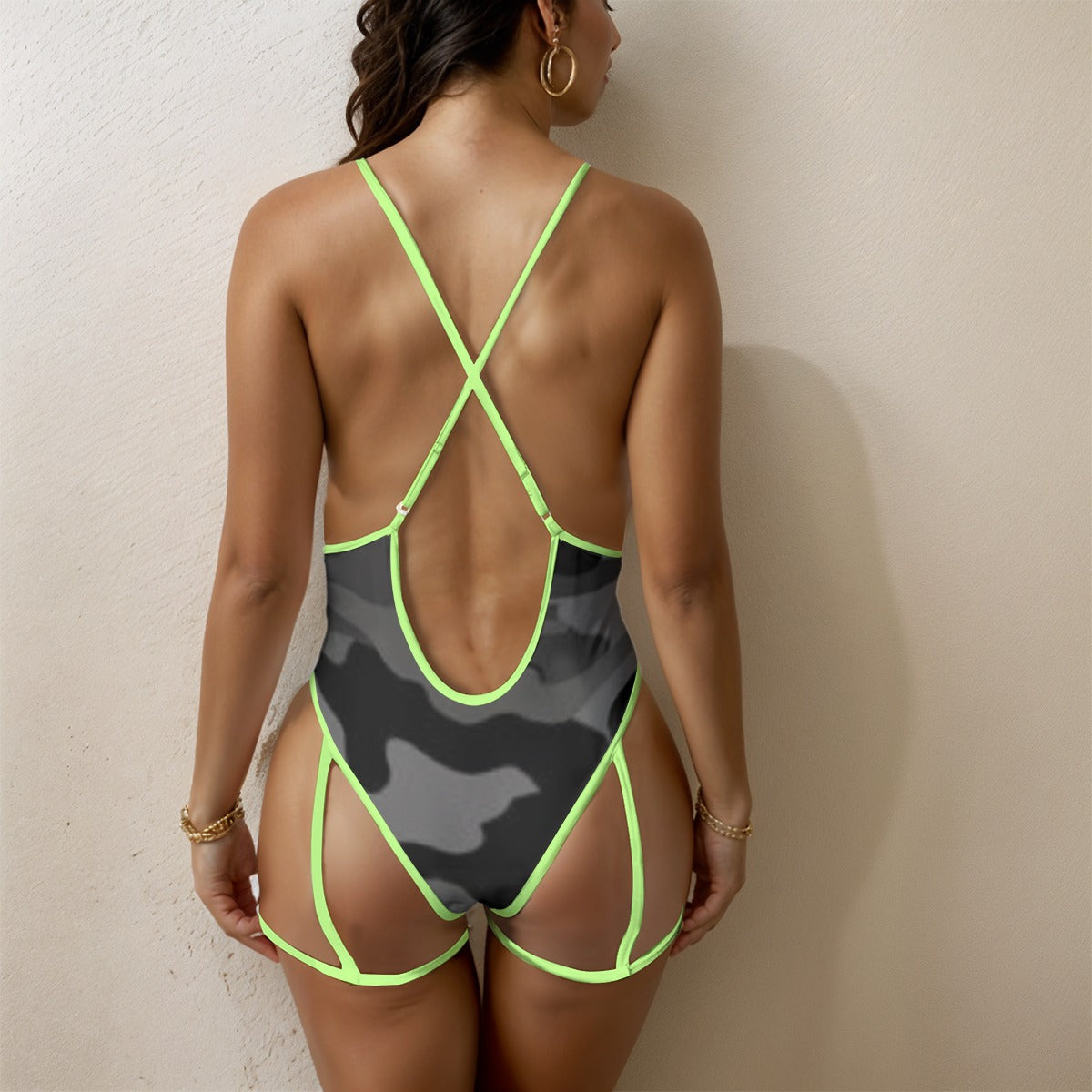 Black Camo-Women's Sexy Lace One Piece Bathing Suit (Highlighter Straps) Yoycol by The Night Shift Automotive Apparel