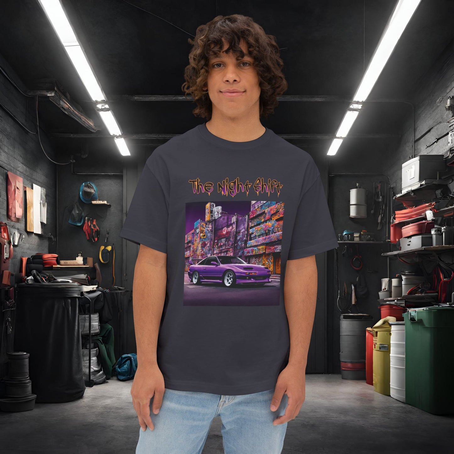 Nissan 180sx Graffiti-Premium Ultra Soft Unisex Oversized Boxy Tee Dark Grey Printify by The Night Shift Automotive Apparel