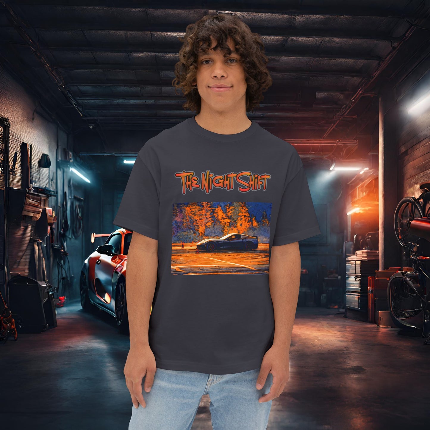 Chevy Corvette C7 Drifting Nedco NHMS-Premium, Ultra Soft Unisex Oversized Boxy Tee Dark Grey Printify by The Night Shift Automotive Apparel