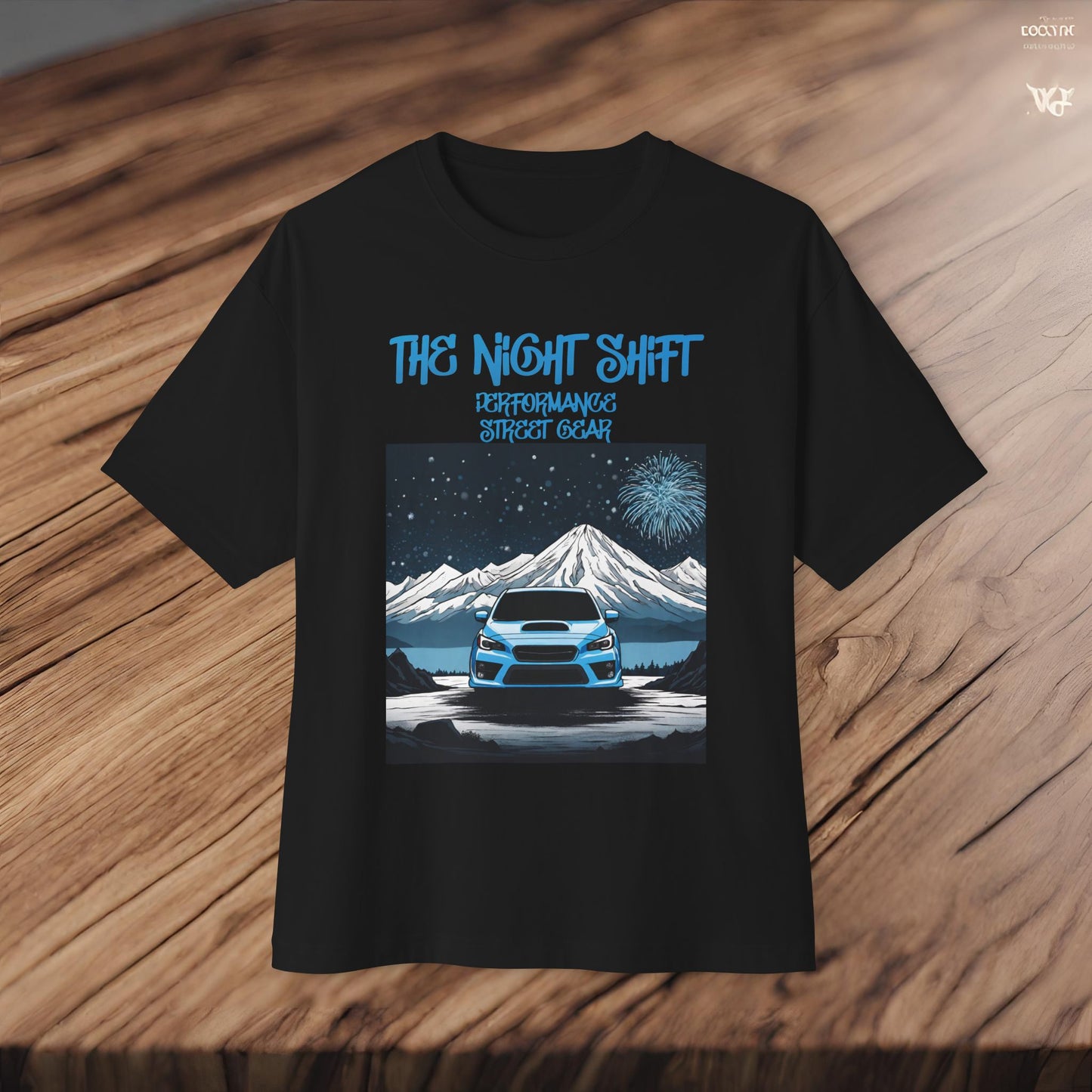 Subaru WRX Fireworks In The Mountains-Premium, Ultra Soft Unisex Oversized Boxy Tee Printify by The Night Shift Automotive Apparel
