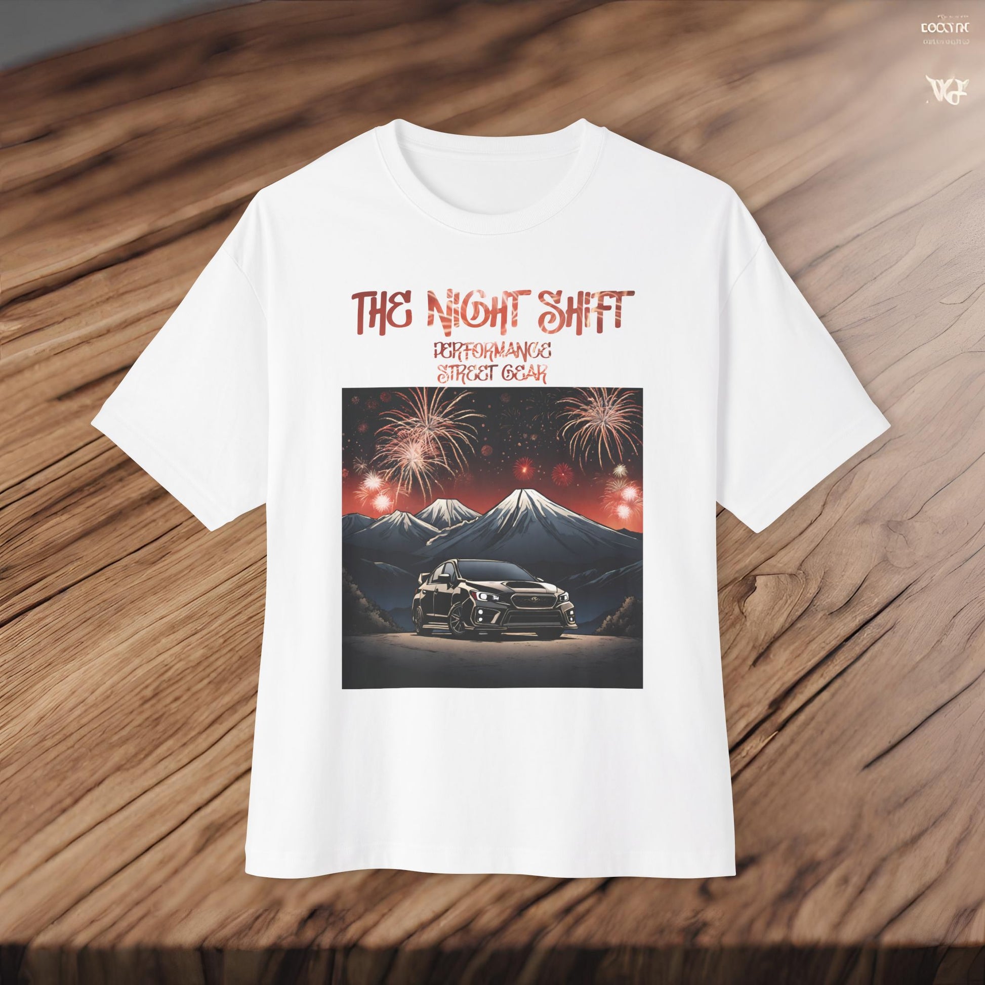 Subaru WRX/STI Fireworks In The Mountains-Premium, Ultra Soft Unisex Oversized Boxy Tee Printify by The Night Shift Automotive Apparel