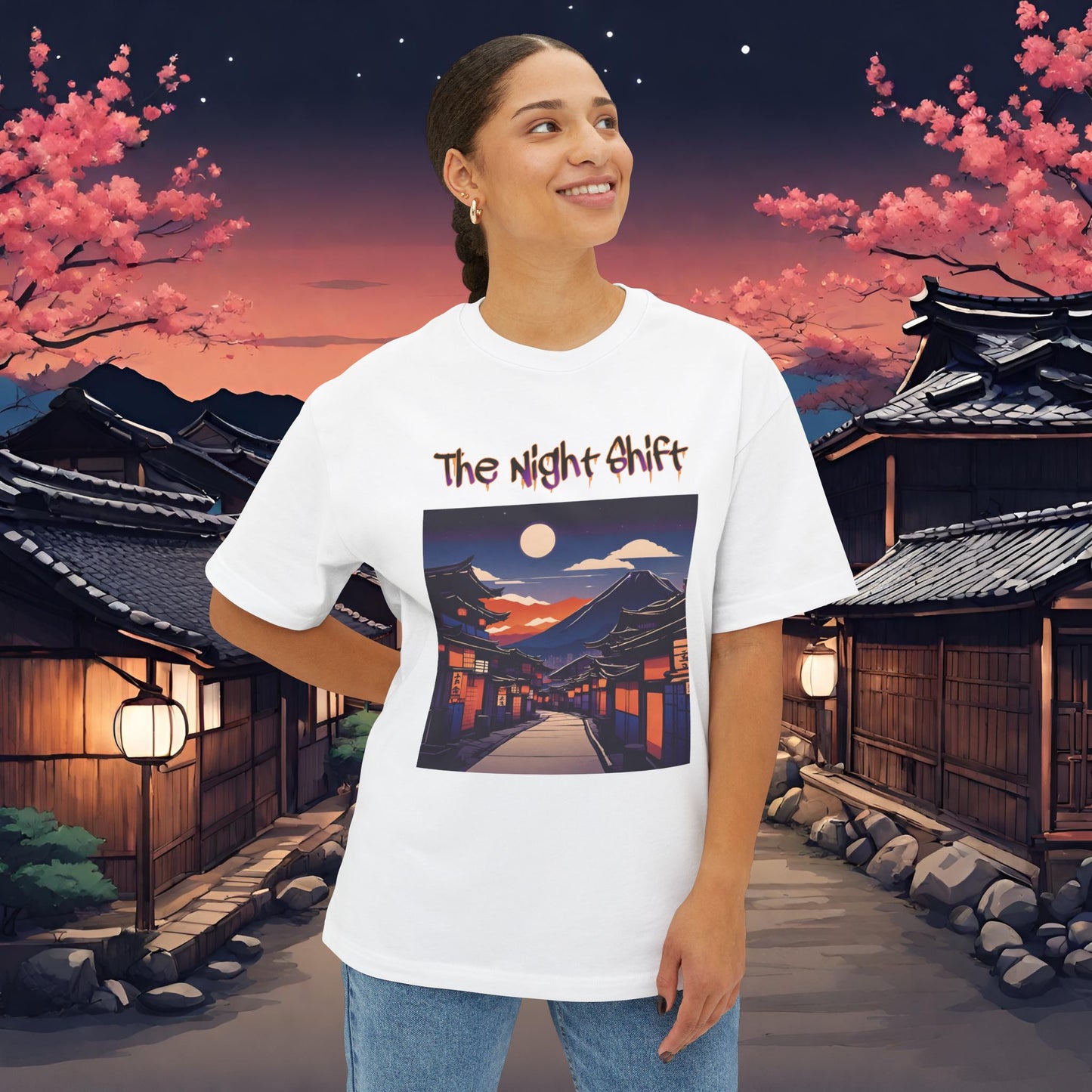 Volcanic Japanese Traditional Village-Premium, Ultra Soft Unisex Oversized Boxy Tee Printify by The Night Shift Automotive Apparel