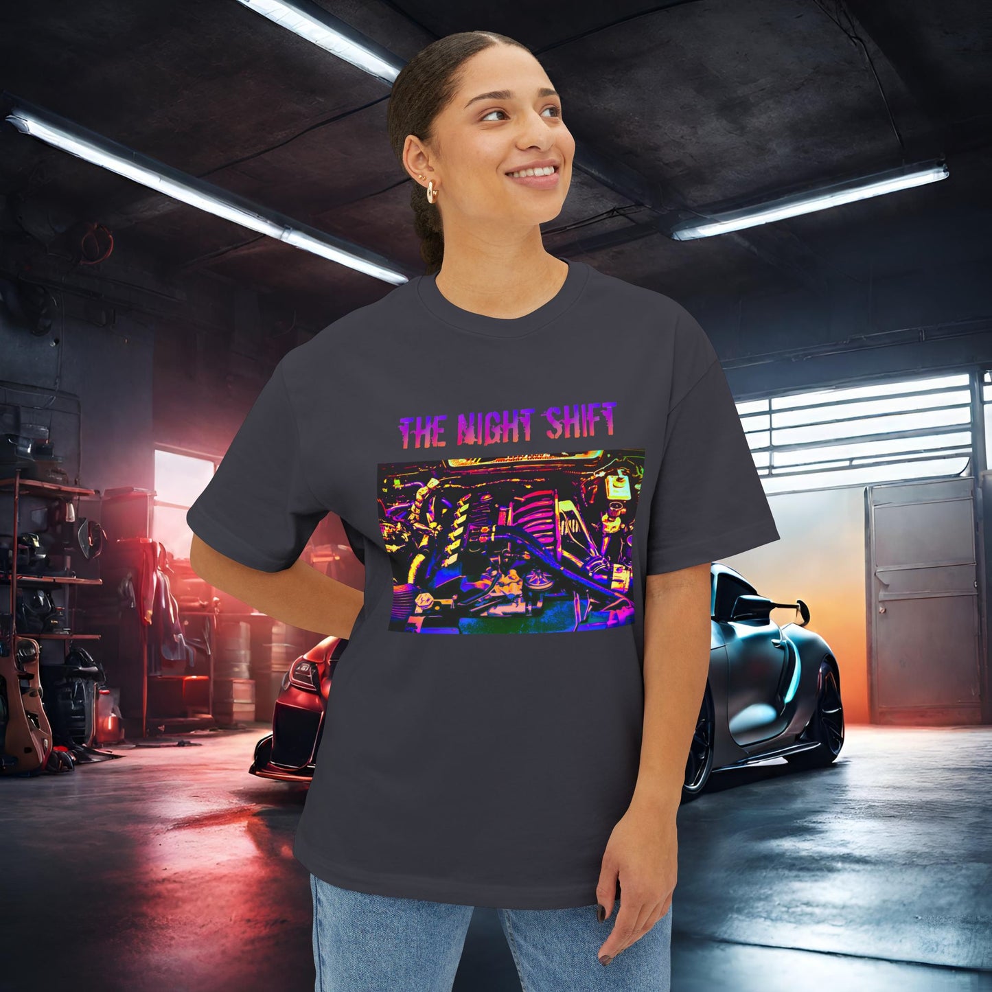 S50B32 Synthwave-Premium, Ultra Soft Unisex Oversized Boxy Tee Printify by The Night Shift Automotive Apparel