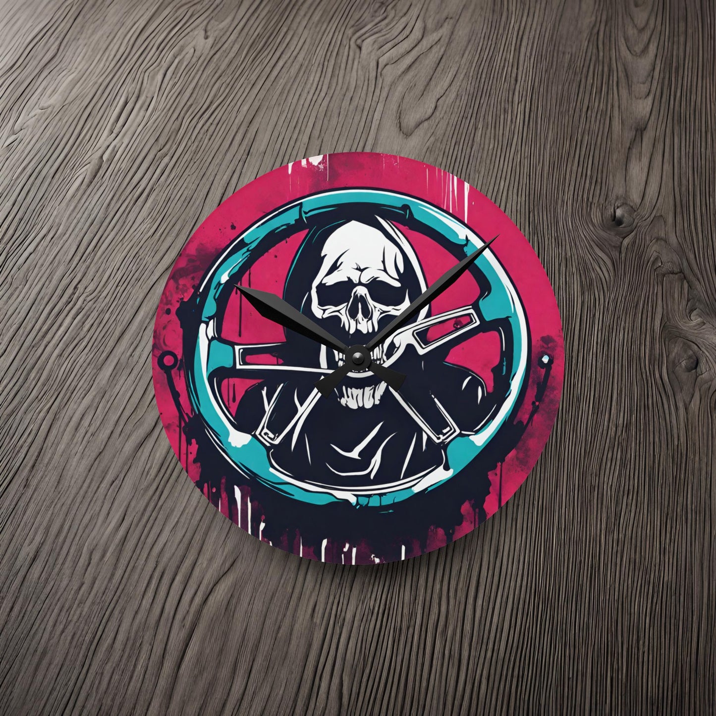 Grim Reaper Steering Wheel-Acrylic Wall Clock 8'' × 8'' (Round) Printify by The Night Shift Automotive Apparel