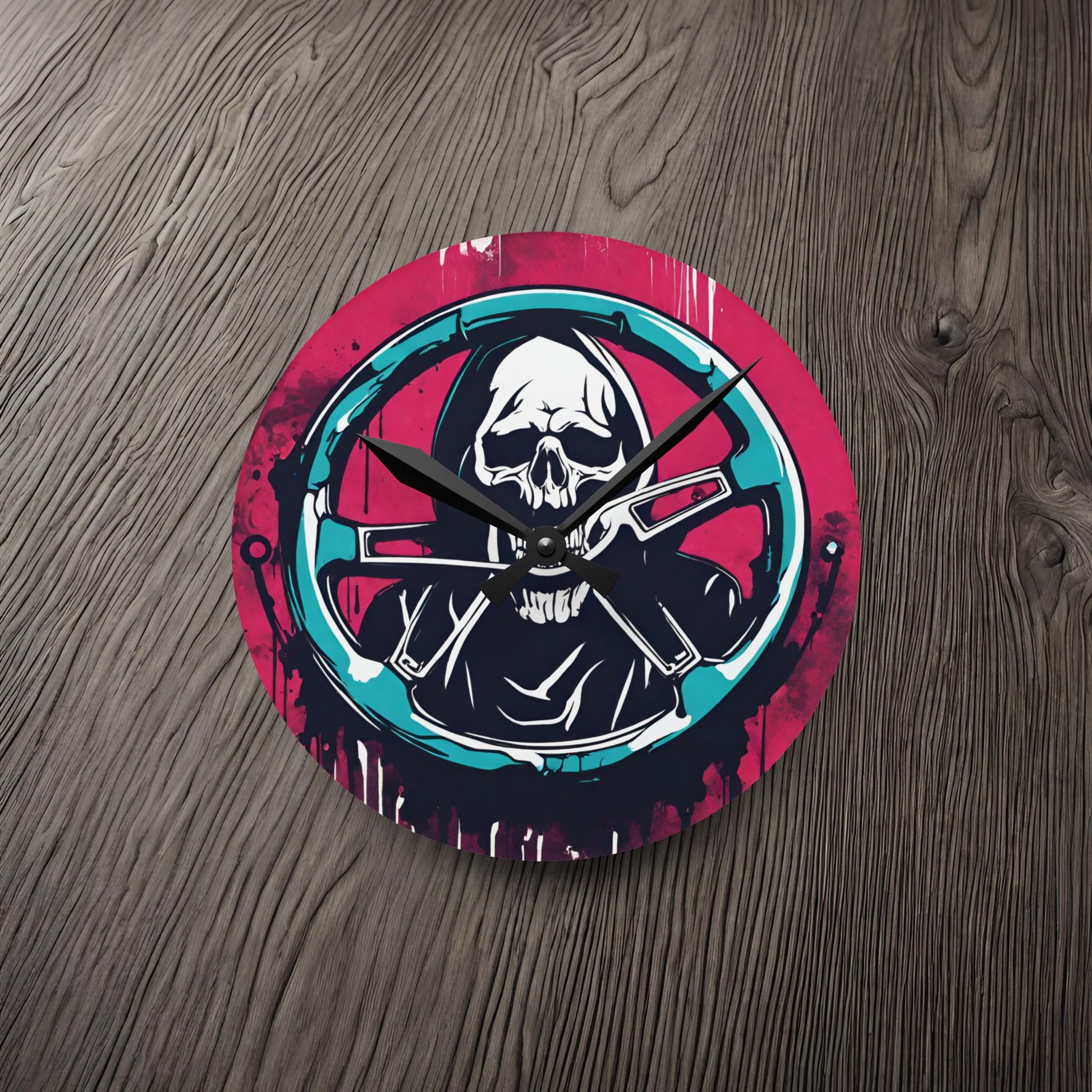 Grim Reaper Steering Wheel-Acrylic Wall Clock 8'' × 8'' (Round) Printify by The Night Shift Automotive Apparel
