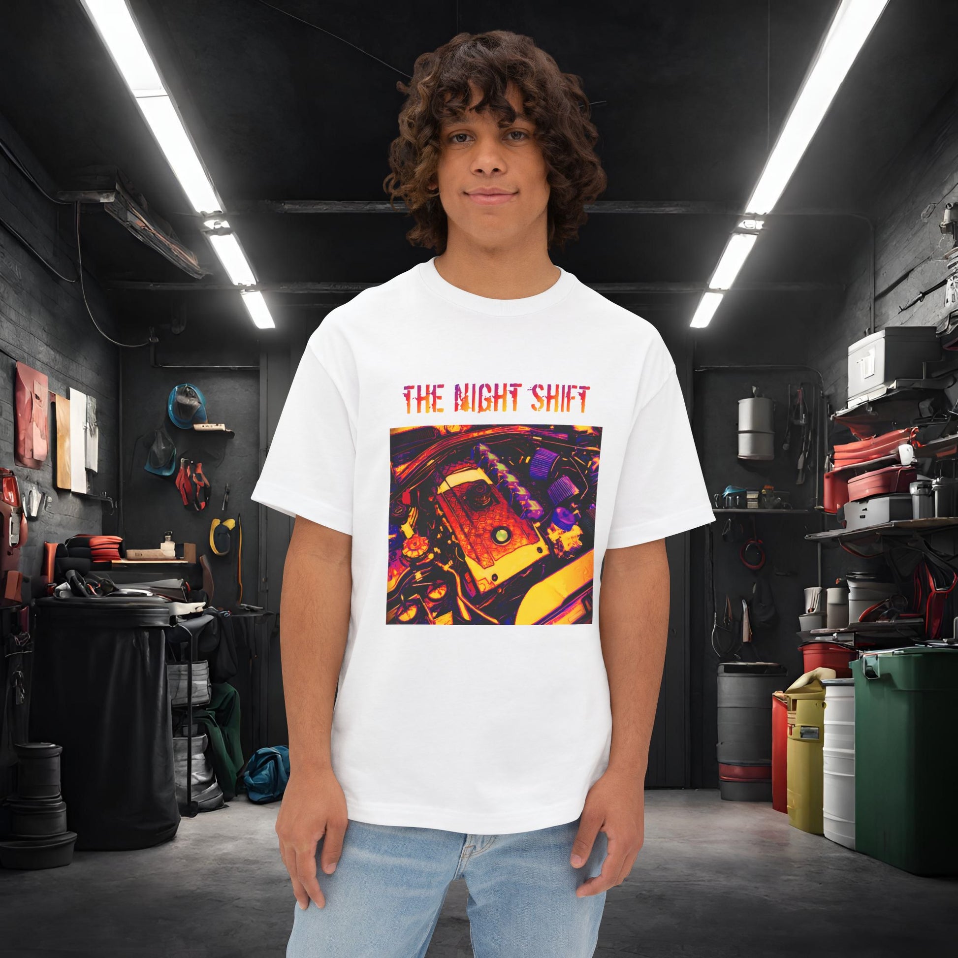 N54 Synthwave Unisex Oversized Boxy Tee White Printify by The Night Shift Automotive Apparel