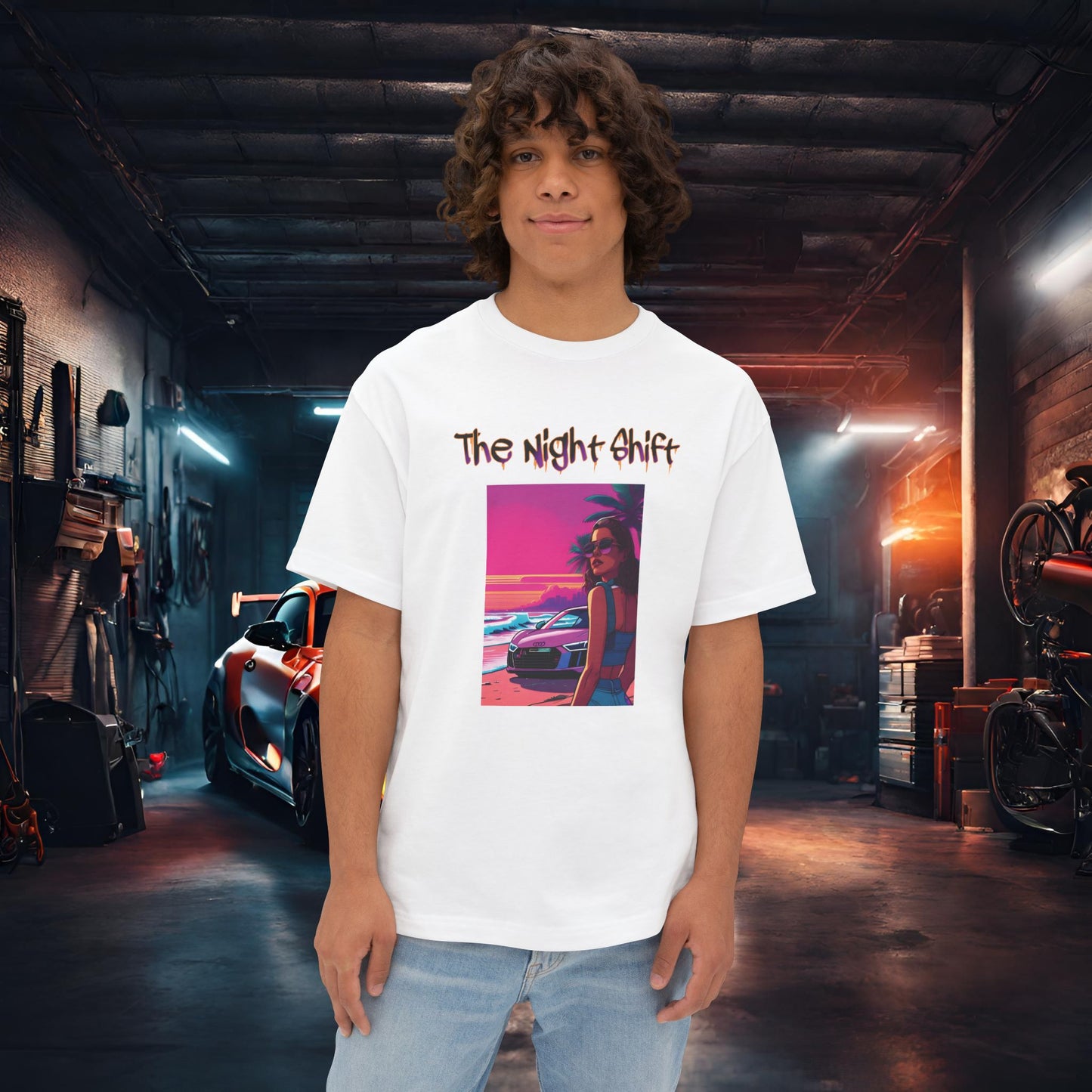 Audi R8 Beach Cruise Synthwave-Premium, Ultra Soft Unisex Oversized Boxy Tee White Printify by The Night Shift Automotive Apparel