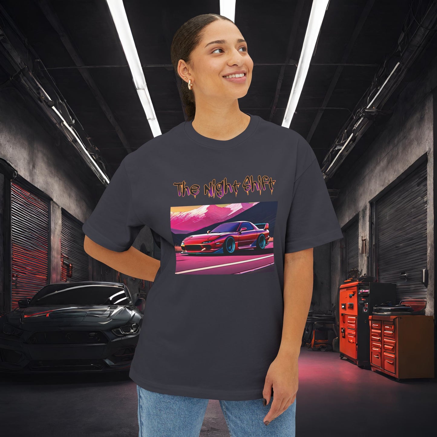 Mazda RX7 Synthwave-Premium, Ultra Soft Unisex Oversized Boxy Tee Printify by The Night Shift Automotive Apparel