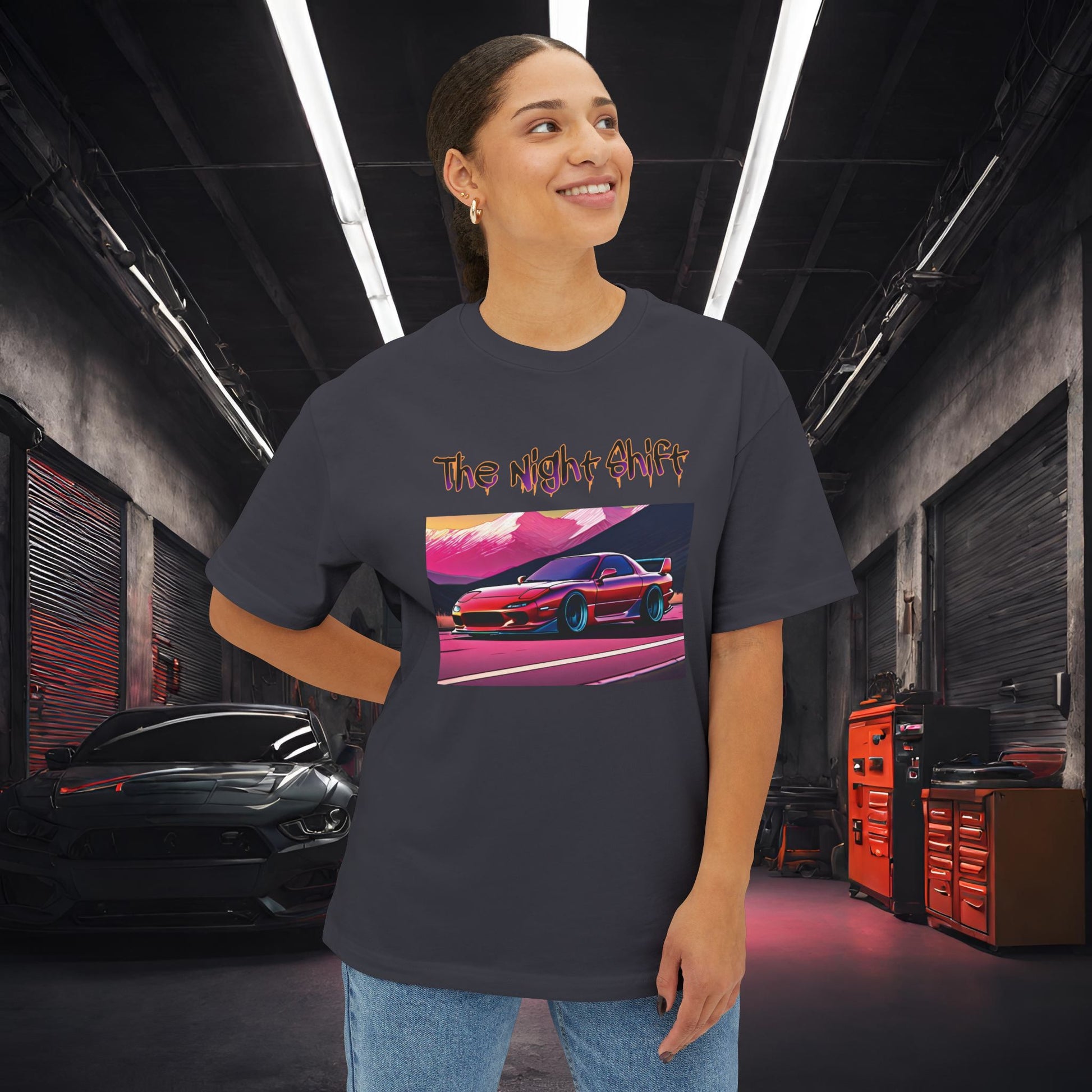 Mazda RX7 Synthwave-Premium, Ultra Soft Unisex Oversized Boxy Tee Printify by The Night Shift Automotive Apparel