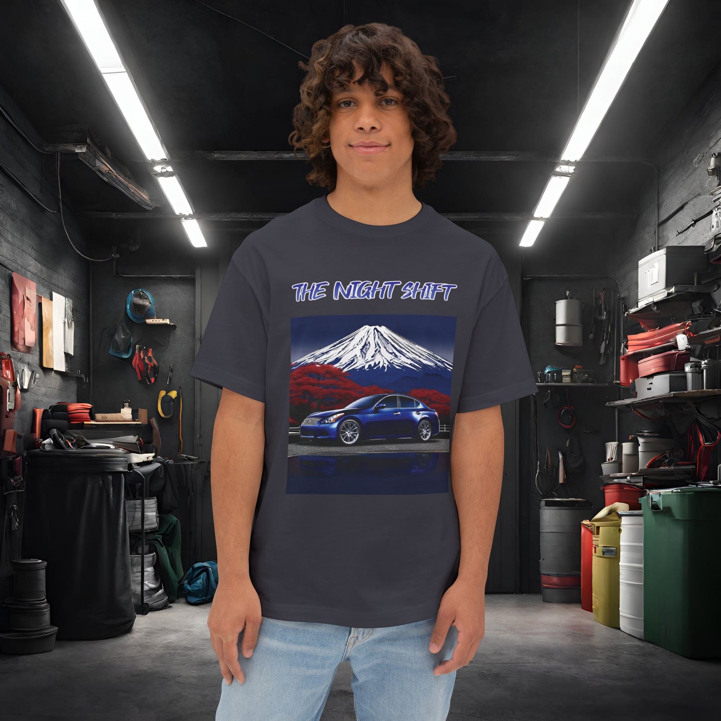 Infiniti G37 Sedan Mt Fuji-Premium, Ultra Soft Unisex Oversized Boxy Tee Dark Grey Printify by The Night Shift Automotive Apparel