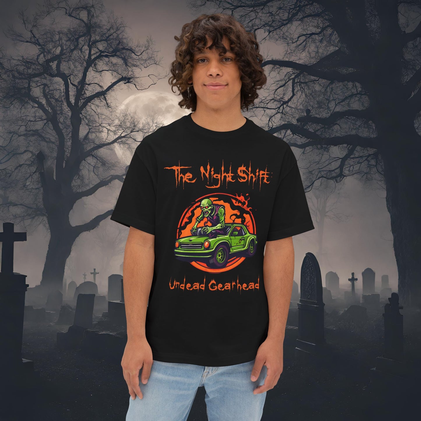 Undead Gearhead Zombie-Premium, Ultra Soft Unisex Oversized Boxy Tee Black Printify by The Night Shift Automotive Apparel