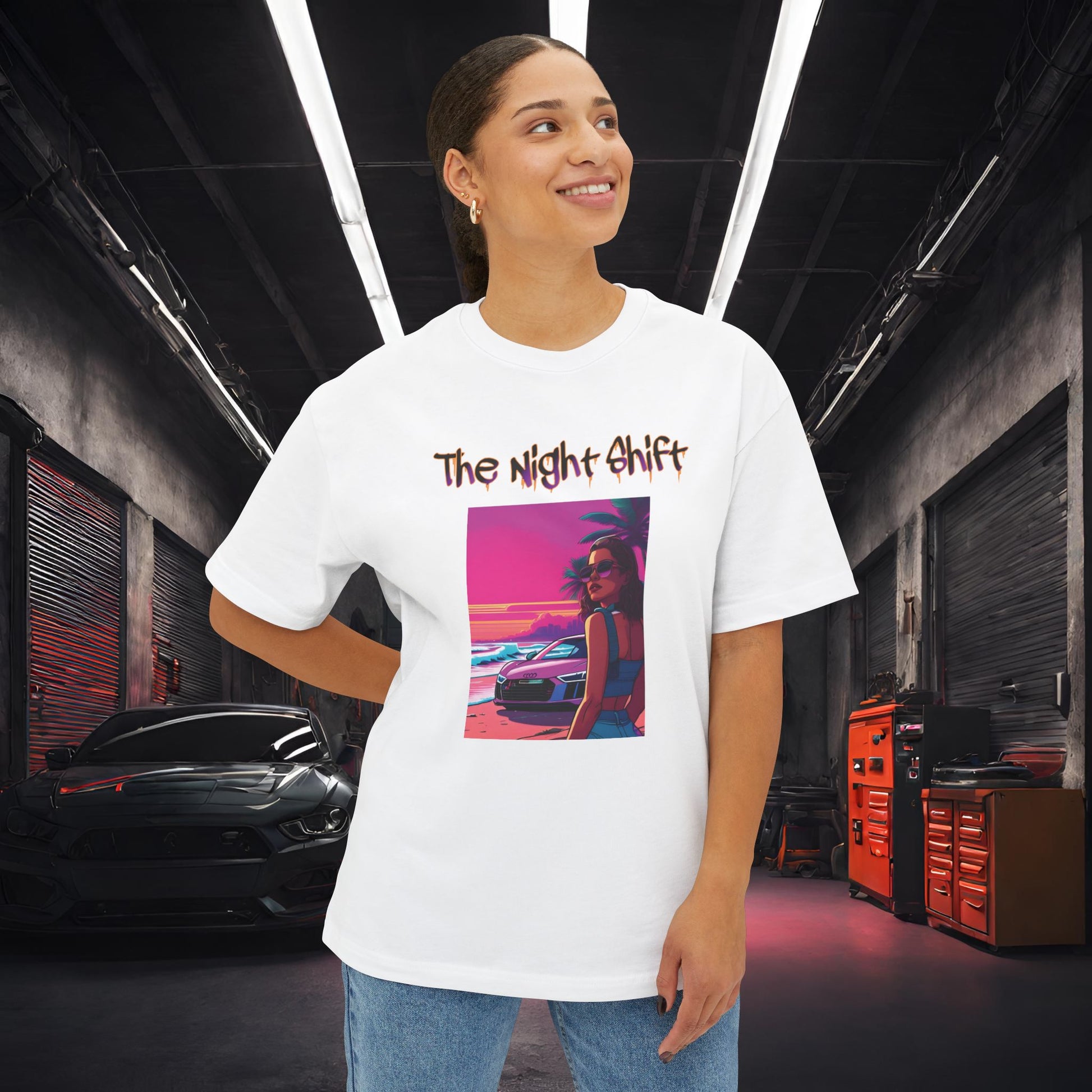 Audi R8 Beach Cruise Synthwave-Premium, Ultra Soft Unisex Oversized Boxy Tee Printify by The Night Shift Automotive Apparel