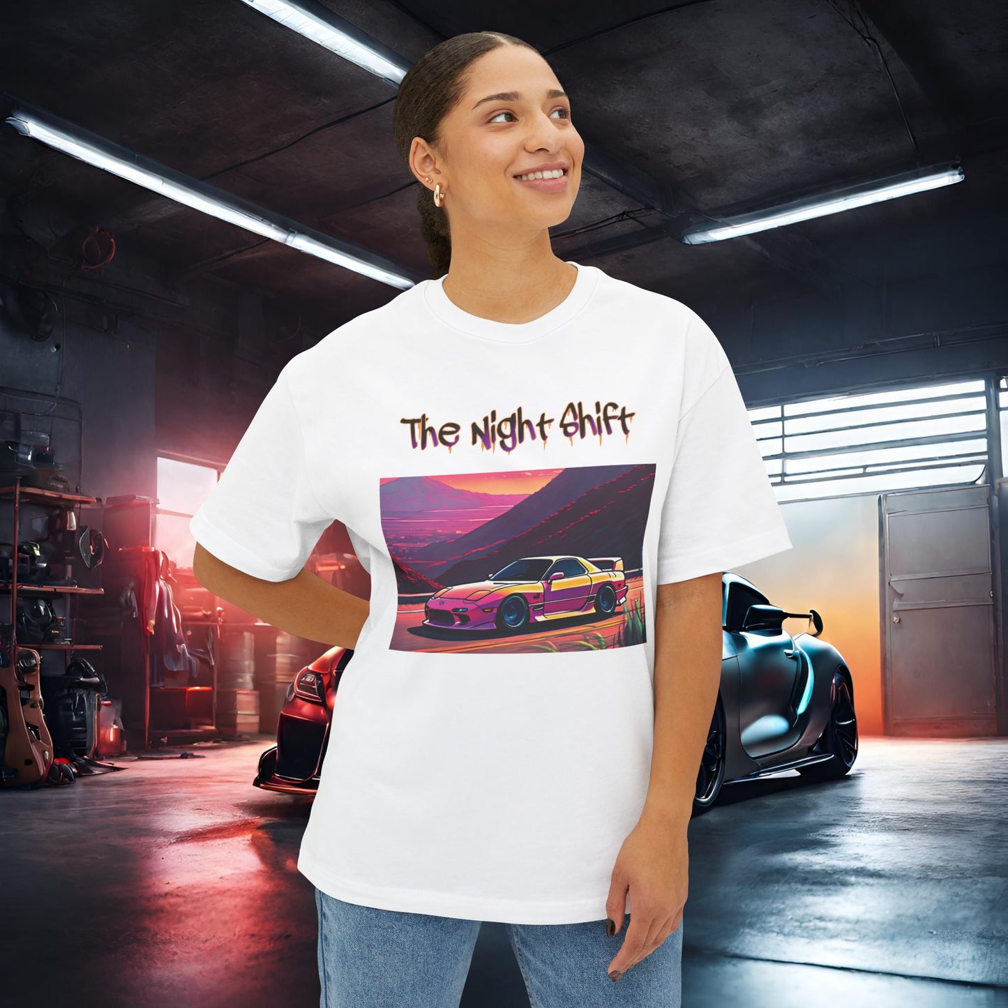 Mazda RX7 Synthwave-Premium, Ultra Soft Unisex Oversized Boxy Tee Printify by The Night Shift Automotive Apparel