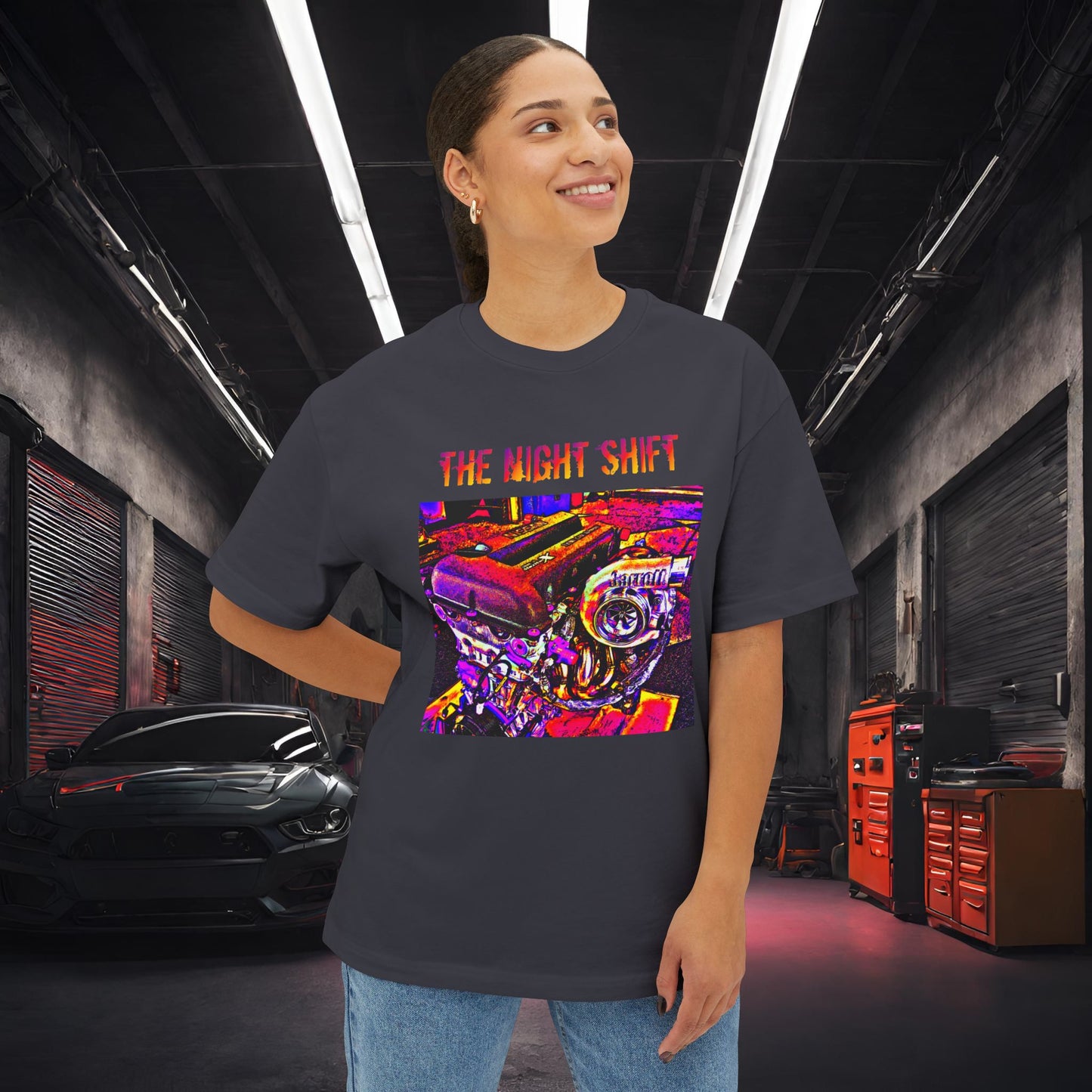 SR20DET Synthwave-Premium, Ultra Soft Unisex Oversized Boxy Tee Printify by The Night Shift Automotive Apparel