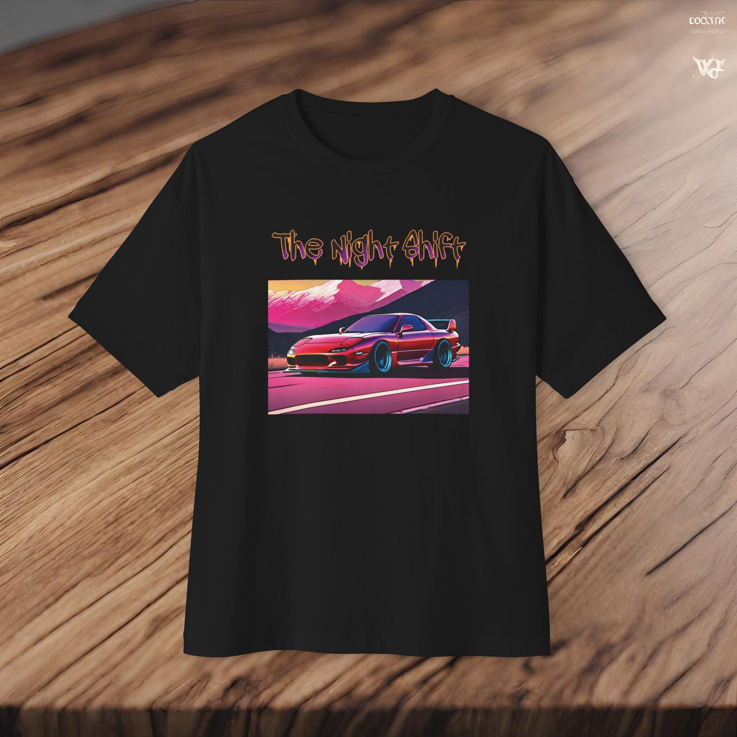 Mazda RX7 Synthwave-Premium, Ultra Soft Unisex Oversized Boxy Tee Printify by The Night Shift Automotive Apparel