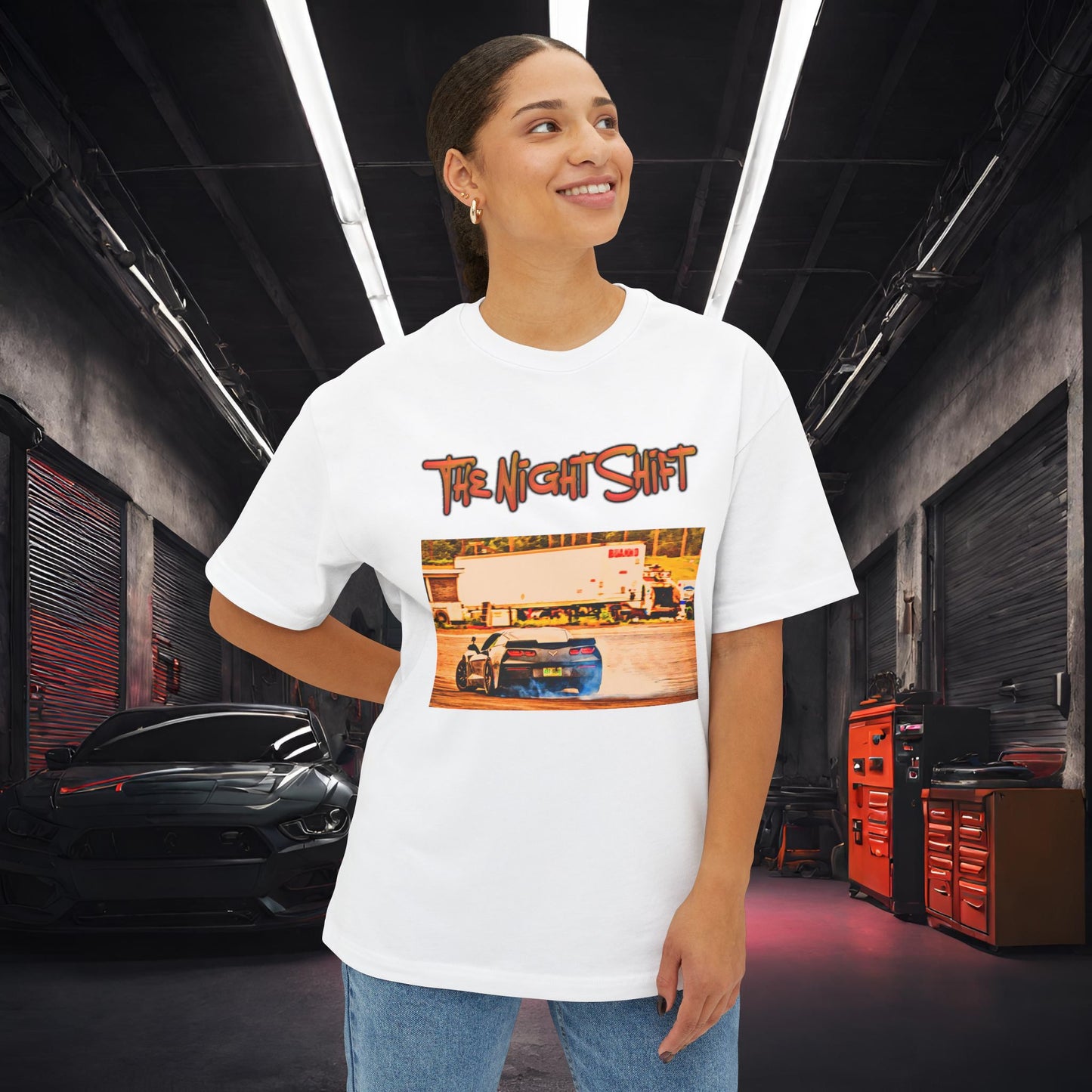 Chevy Corvette C7 Drifting Lebanon Valley-Premium, Ultra Soft Unisex Oversized Boxy Tee Printify by The Night Shift Automotive Apparel