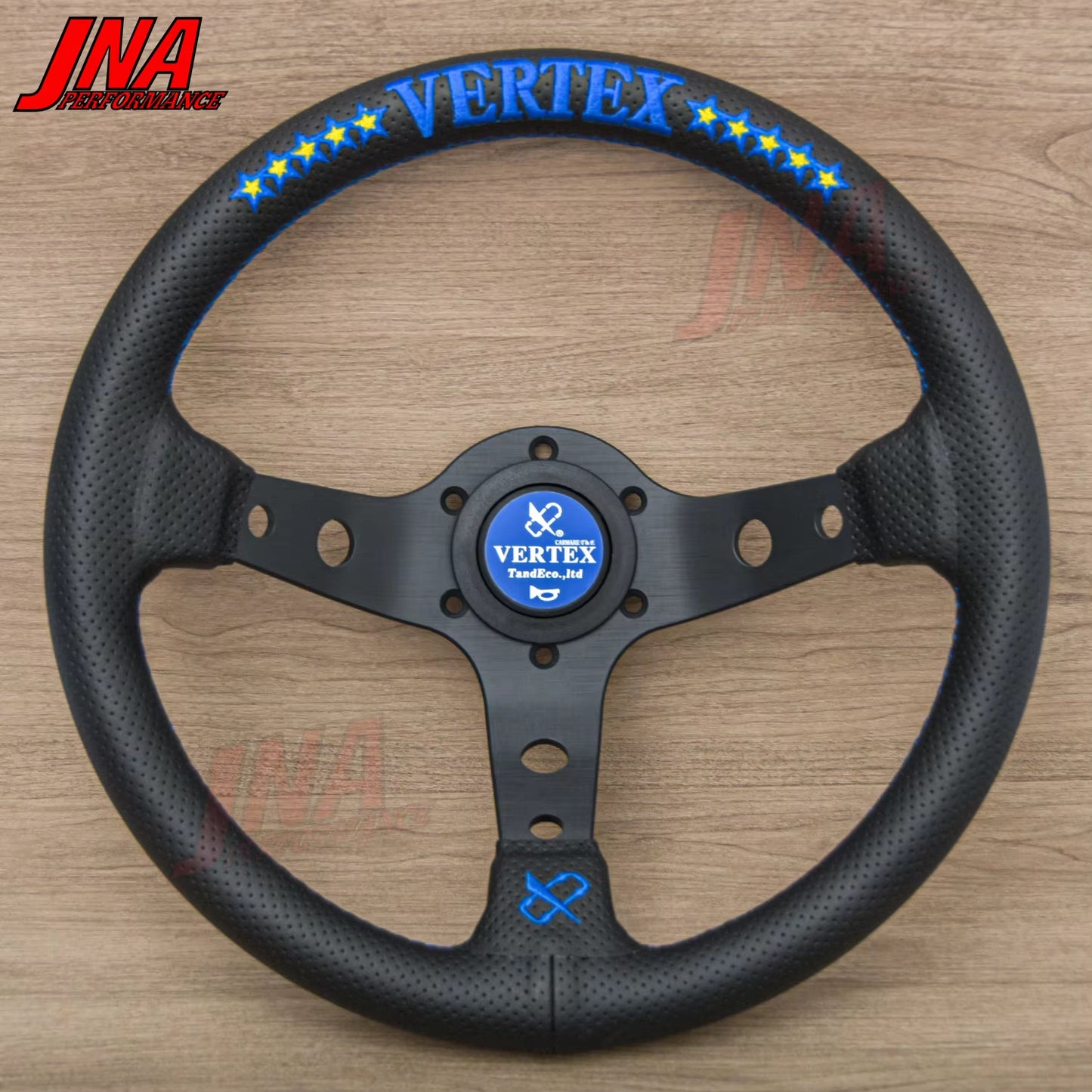 VERTEX 10 Star 320mm Genuine Leather Embroidered Deep Dish Steering Wheel Black Blue The Night Shift Performance Street Gear by The Night Shift Automotive Apparel