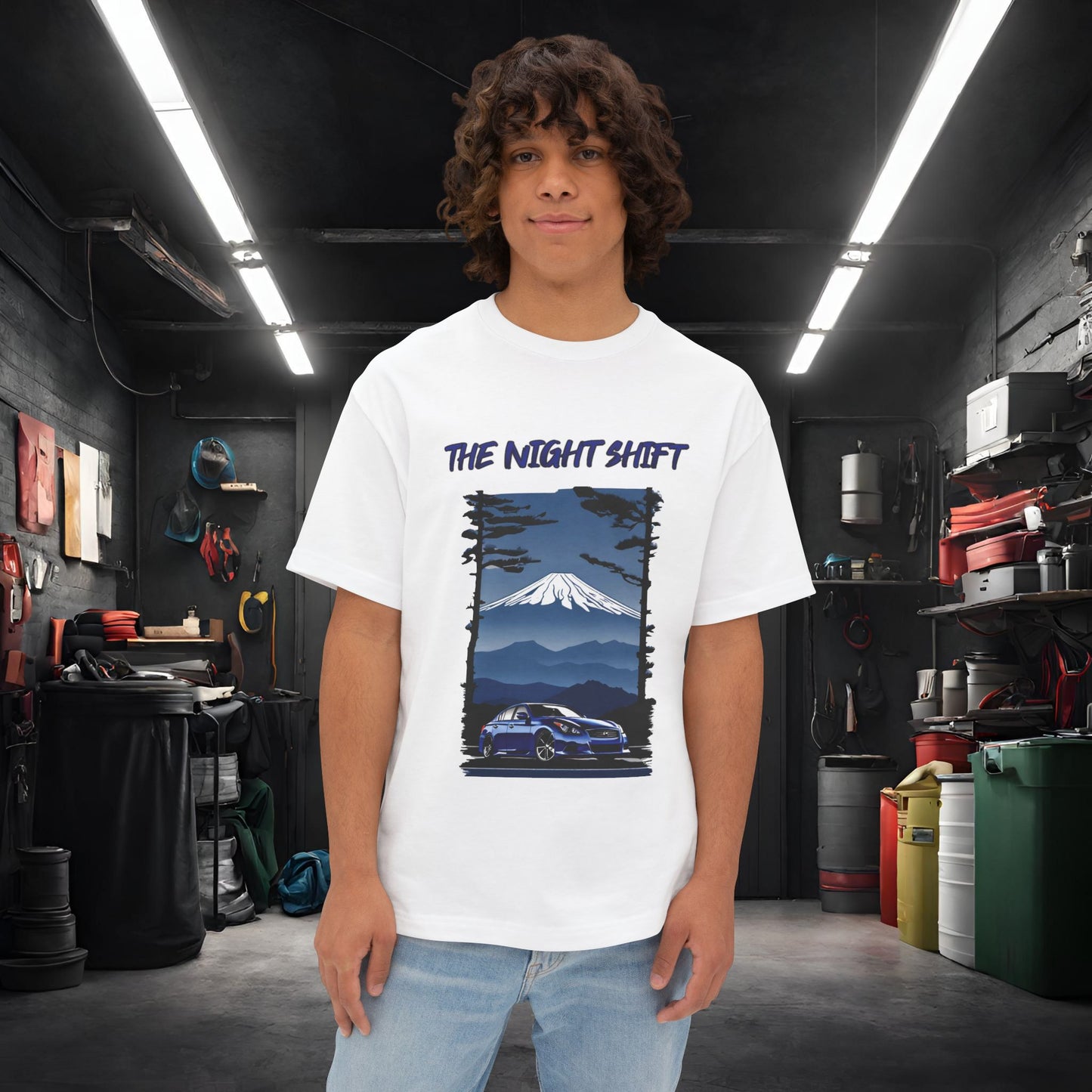 Infiniti G37 Sedan Mt Fuji-Premium, Ultra Soft Unisex Oversized Boxy Tee White Printify by The Night Shift Automotive Apparel