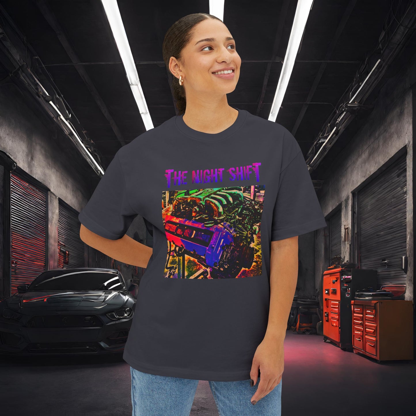 VH45DE Synthwave-Premium, Ultra Soft Unisex Oversized Boxy Tee Printify by The Night Shift Automotive Apparel