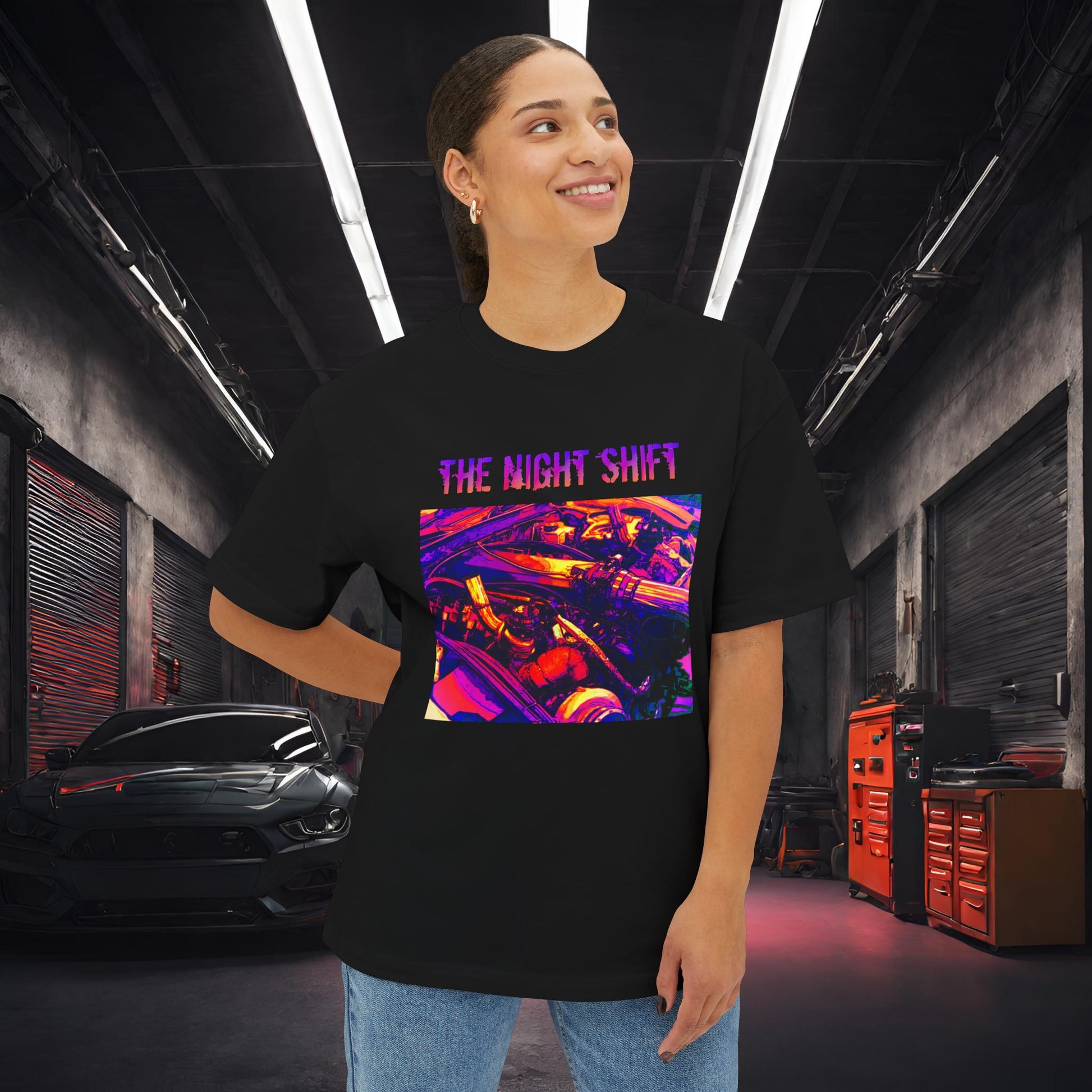LS-X Twin Turbo Synthwave-Premium, Ultra Soft Unisex Oversized Boxy Tee Printify by The Night Shift Automotive Apparel