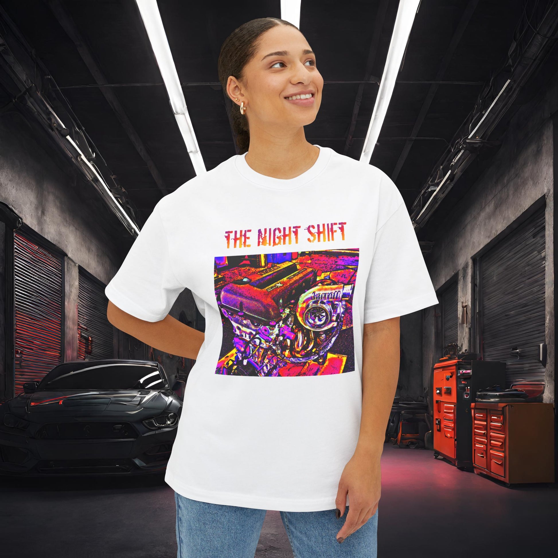 SR20DET Synthwave-Premium, Ultra Soft Unisex Oversized Boxy Tee Printify by The Night Shift Automotive Apparel