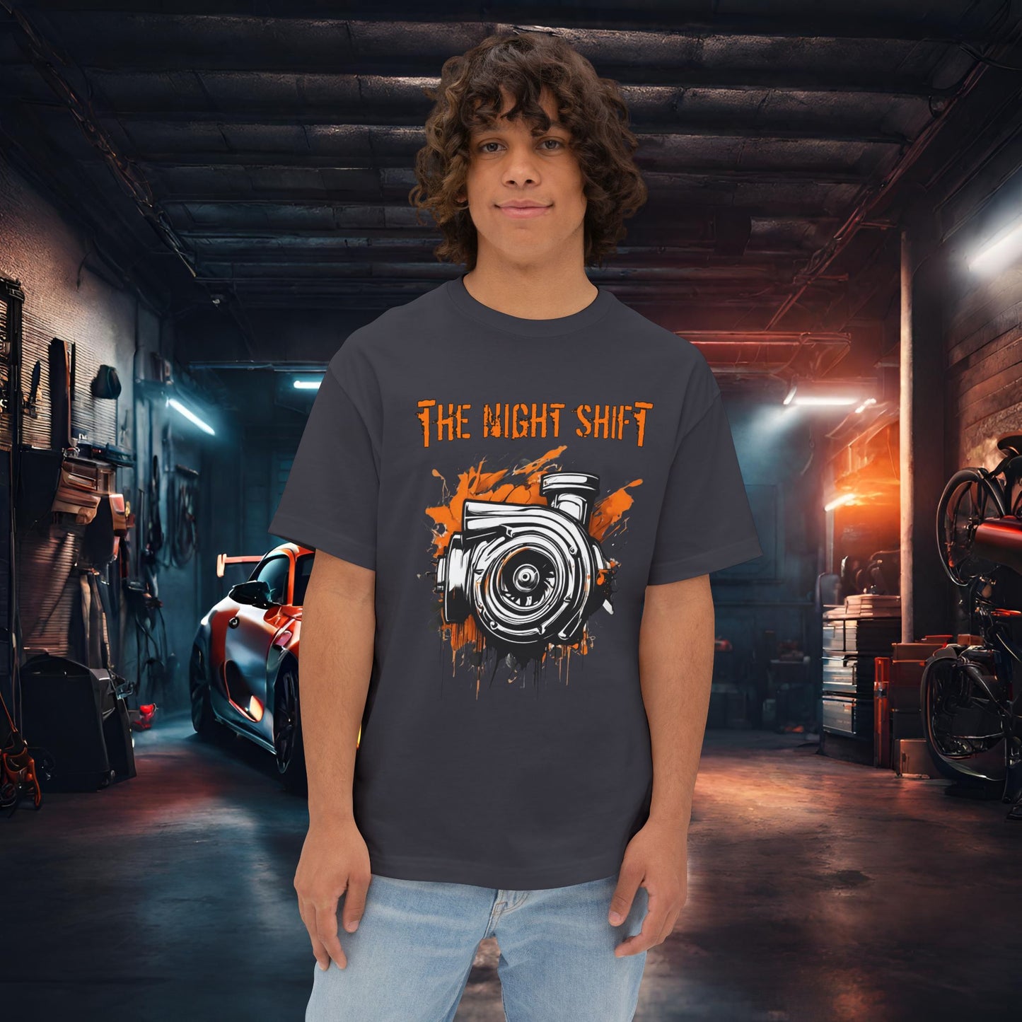 Graffiti Turbo-Premium, Ultra Soft Unisex Oversized Boxy Tee Dark Grey Printify by The Night Shift Automotive Apparel