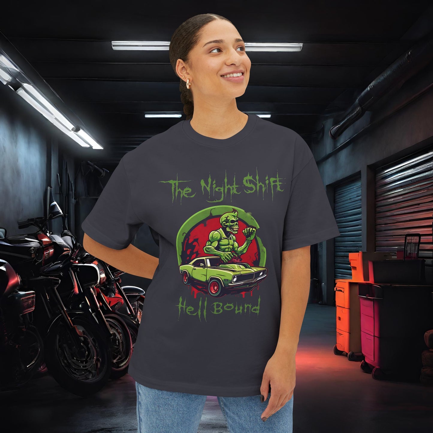 Hell Bound Zombie Muscle Car-Premium, Ultra Soft Unisex Oversized Boxy Tee Printify by The Night Shift Automotive Apparel