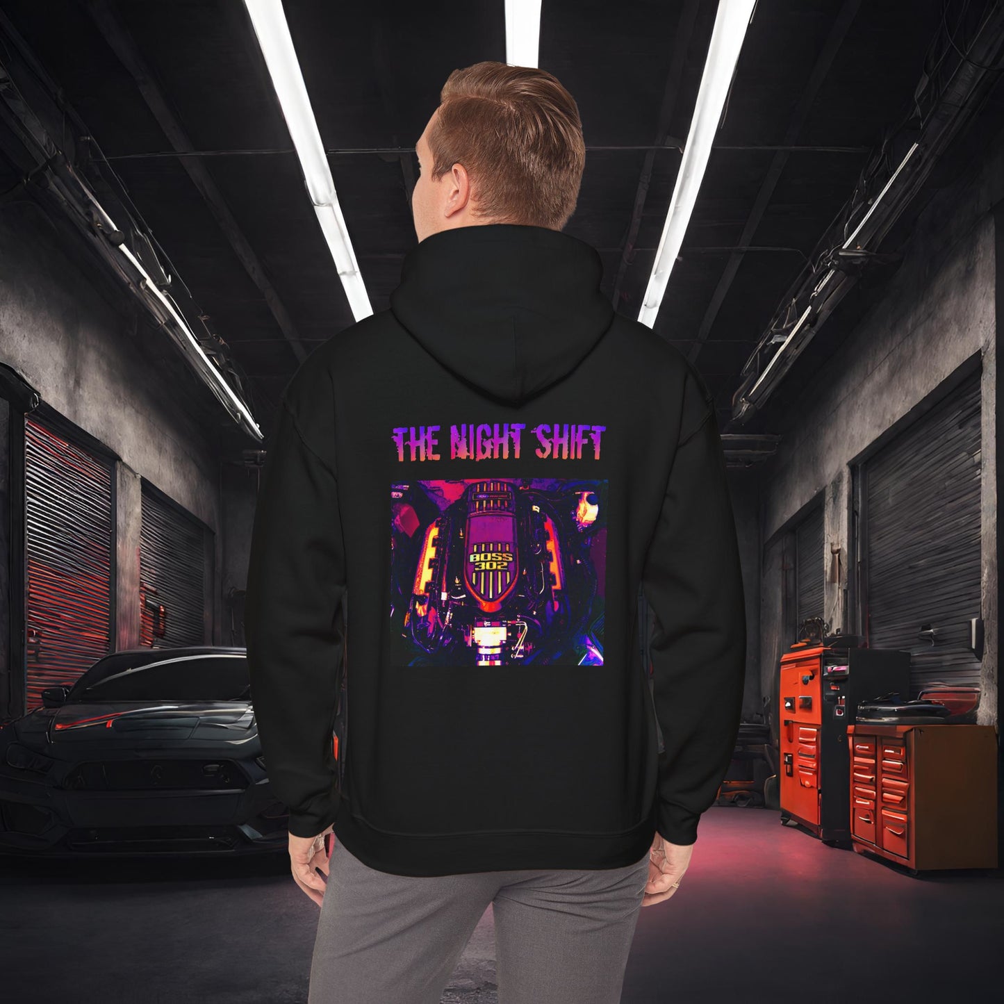 Boss 302 Coyote Synthwave-Premium, Ultra Soft Unisex Hoodie Black Printify by The Night Shift Automotive Apparel