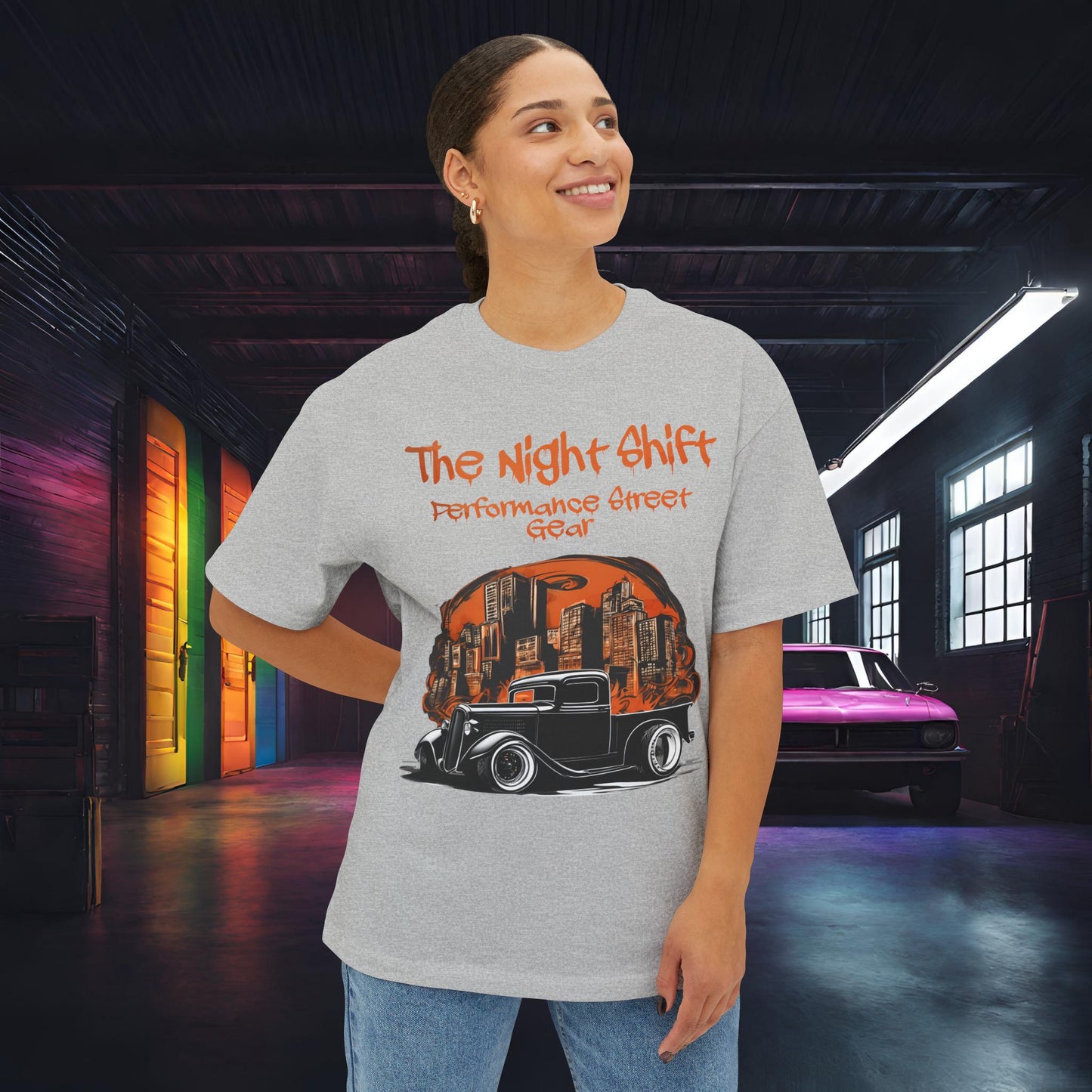 1930's Hot Rod Pick Up Urban Streets-Premium, Ultra Soft Unisex Oversized Boxy Tee Printify by The Night Shift Automotive Apparel