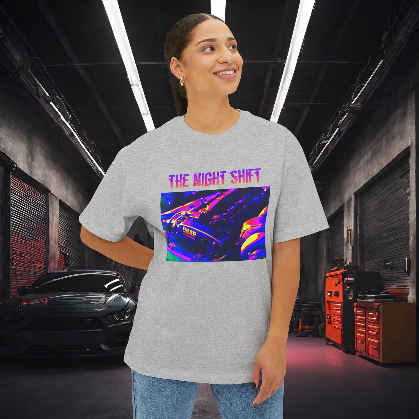 RB30 Synthwave-Premium, Ultra Soft Unisex Oversized Boxy Tee Printify by The Night Shift Automotive Apparel