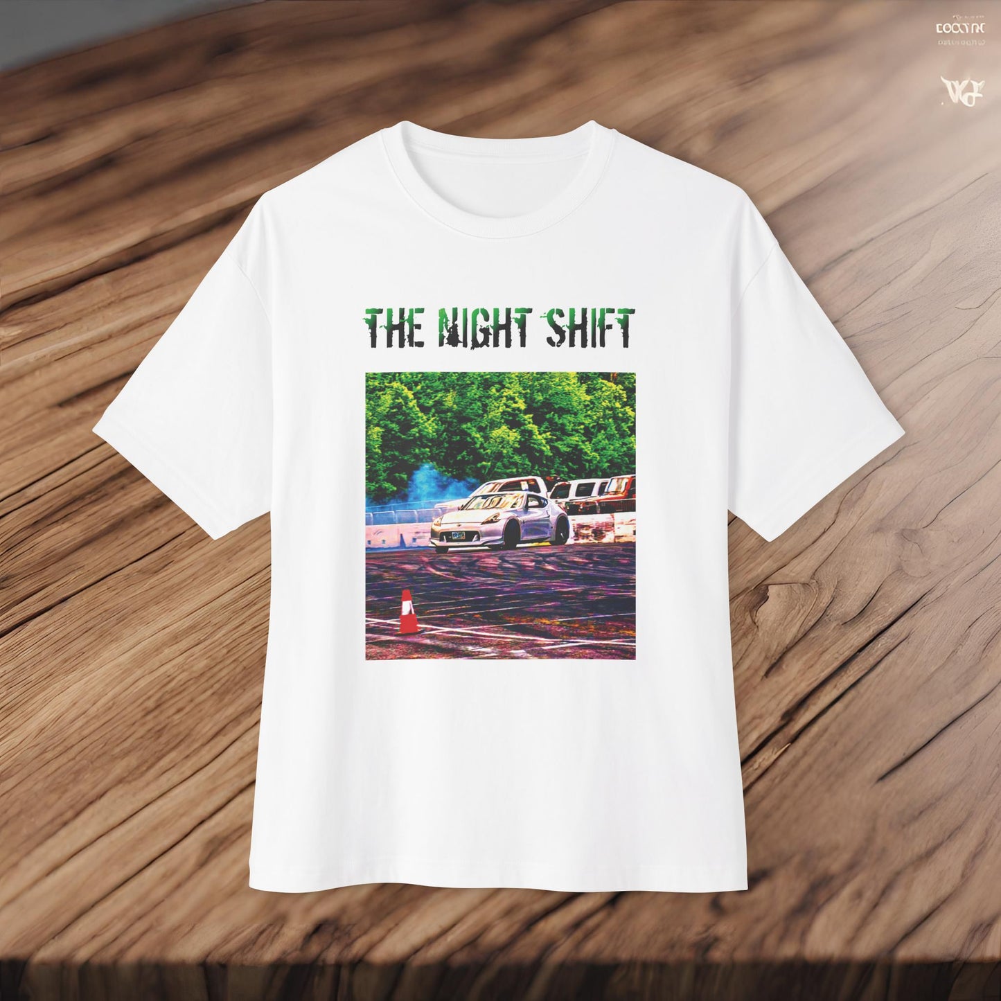 Nissan 370z Drifting Nedco NHMS-Premium, Ultra Soft Unisex Oversized Boxy Tee Printify by The Night Shift Automotive Apparel