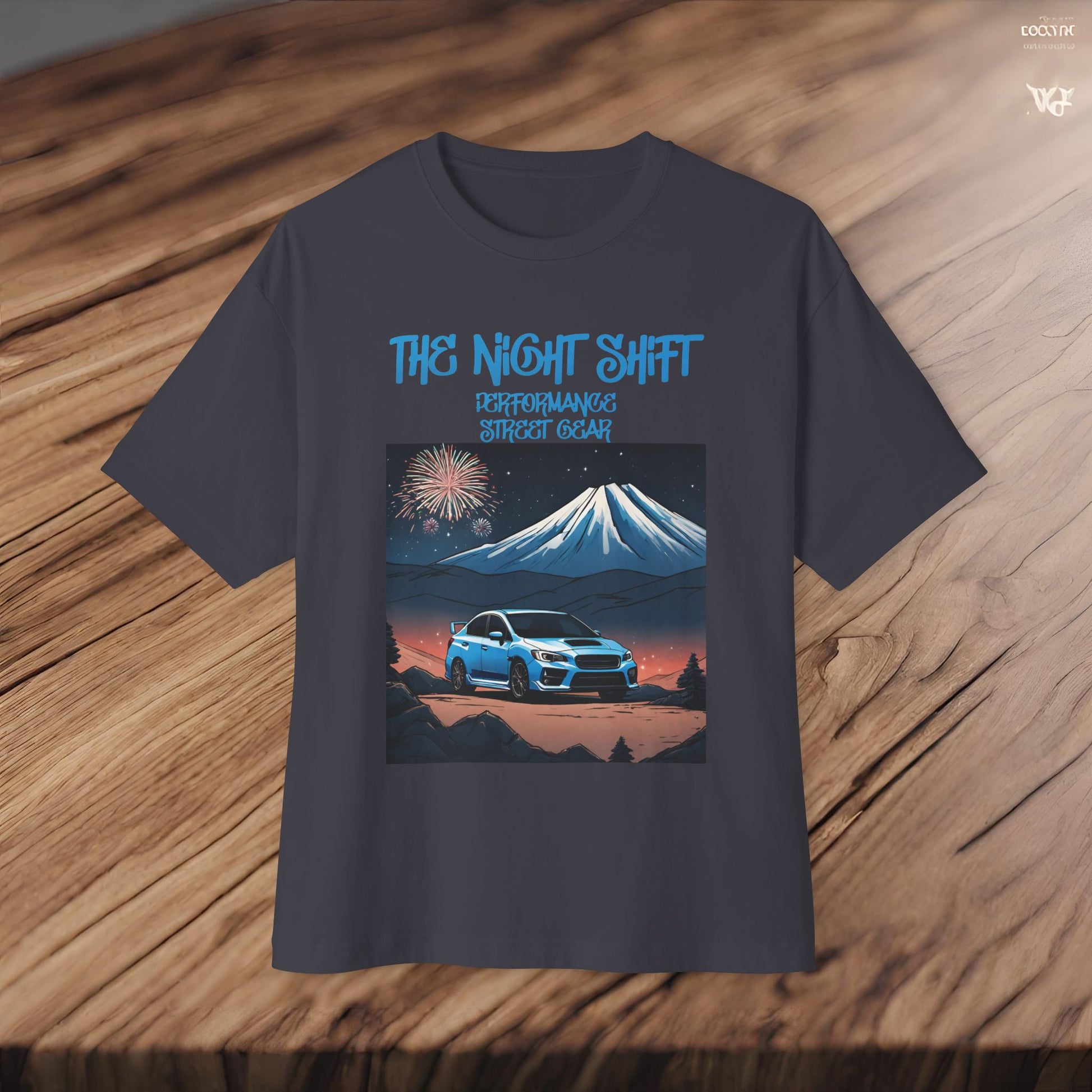 Subaru WRX/STI Fireworks In The Mountains-Premium, Ultra Soft Unisex Oversized Boxy Tee Printify by The Night Shift Automotive Apparel