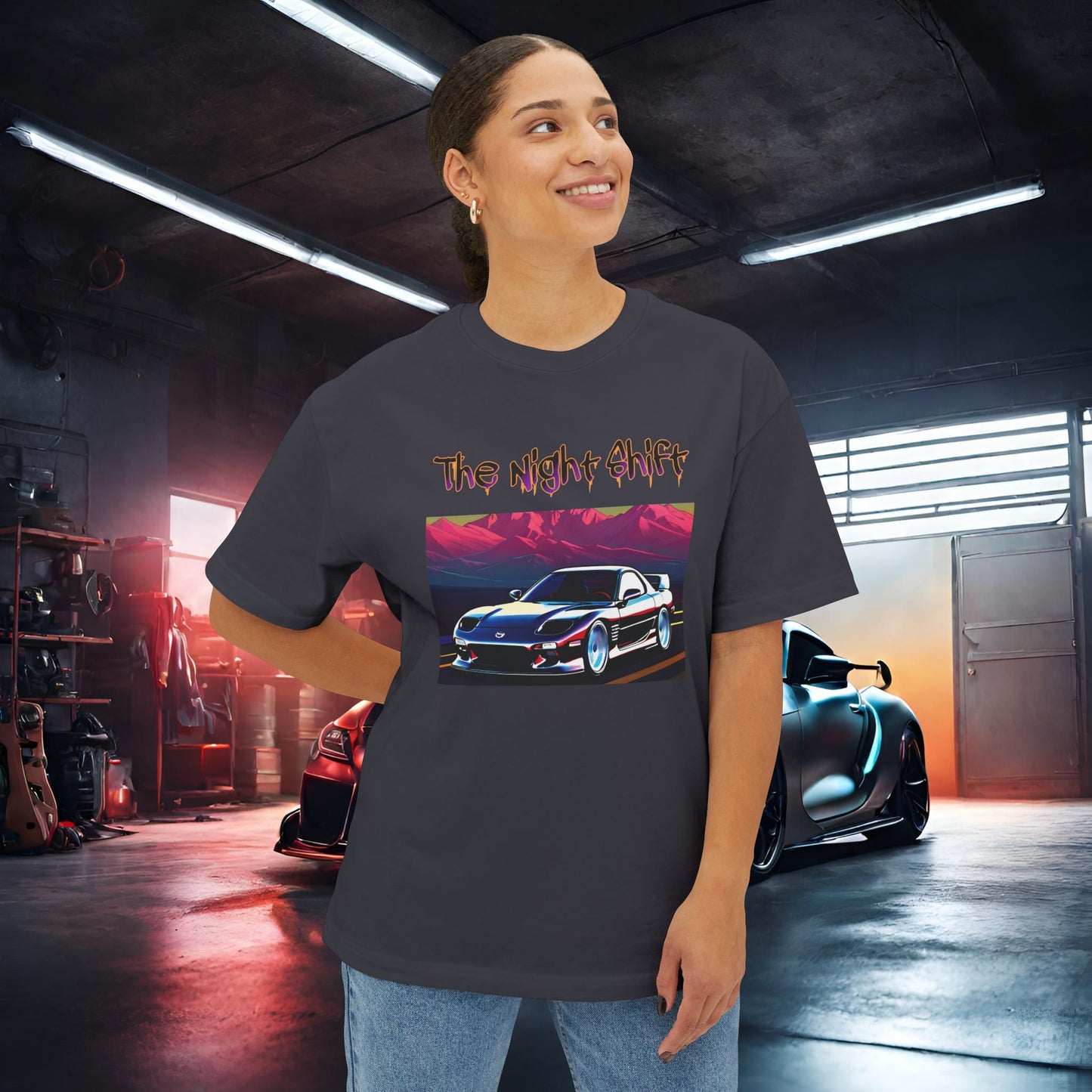 Mazda RX7 Cruising-Premium, Ultra Soft Unisex Oversized Boxy Tee Printify by The Night Shift Automotive Apparel