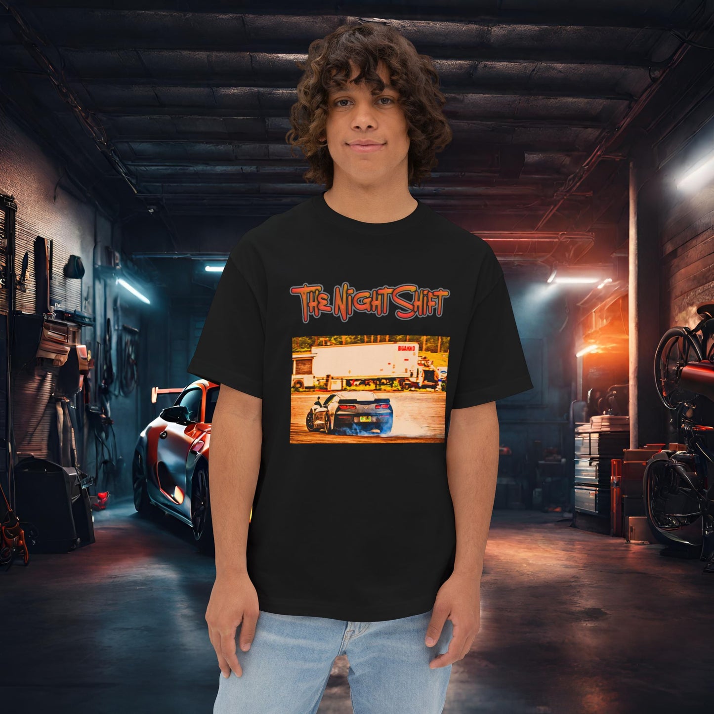 Chevy Corvette C7 Drifting Lebanon Valley-Premium, Ultra Soft Unisex Oversized Boxy Tee Black Printify by The Night Shift Automotive Apparel