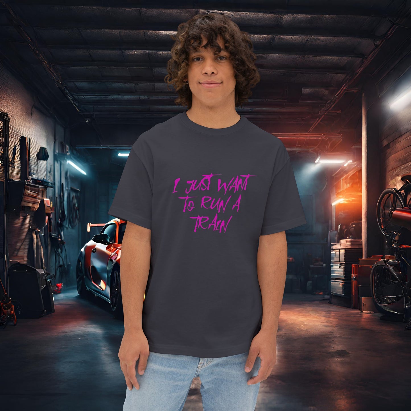 I Just Want To Run A Train-Premium, Ultra Soft Unisex Oversized Boxy Tee Dark Grey Printify by The Night Shift Automotive Apparel