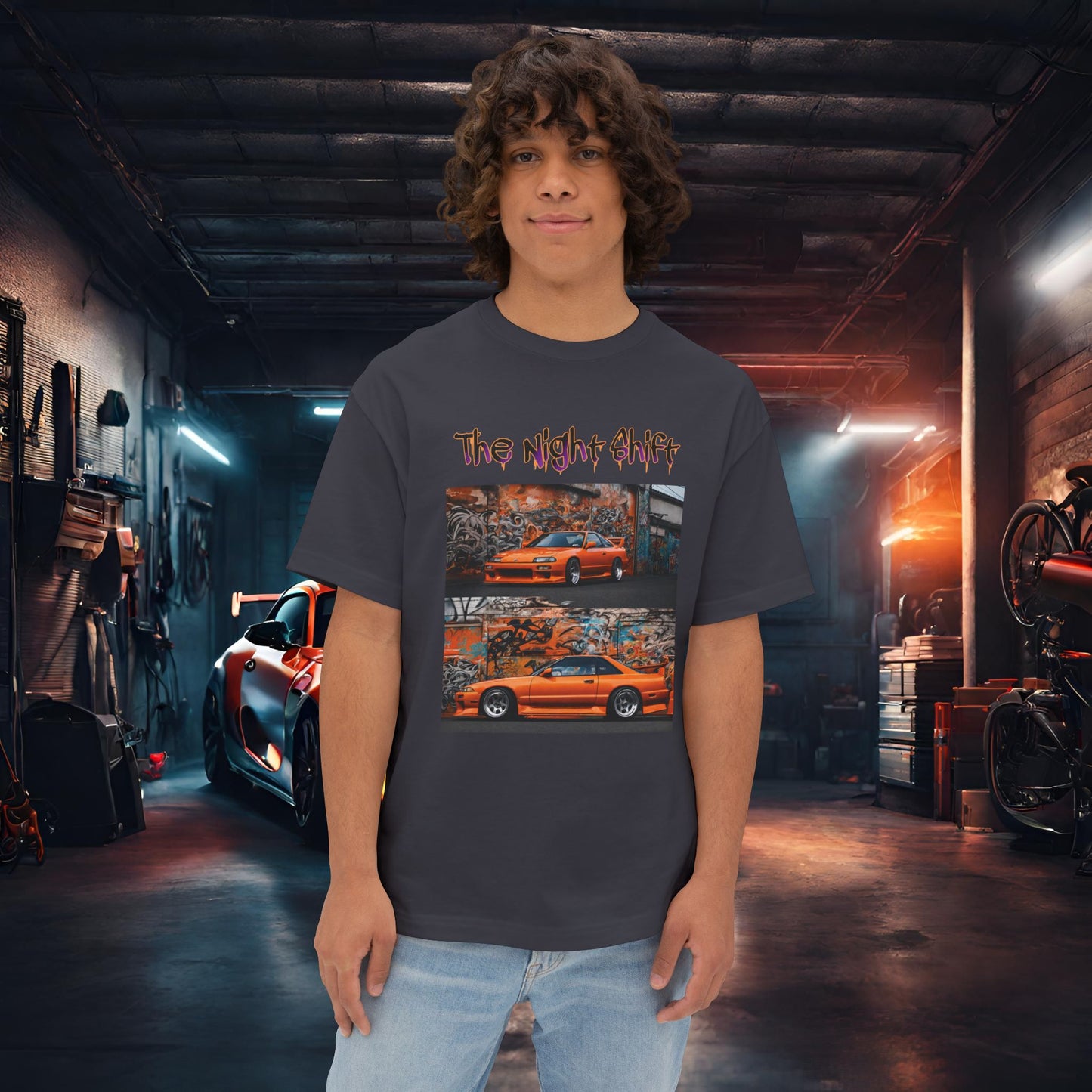 Nissan 240sx Double Stack Graffiti-Premium, Ultra Soft Unisex Oversized Boxy Tee Dark Grey Printify by The Night Shift Automotive Apparel